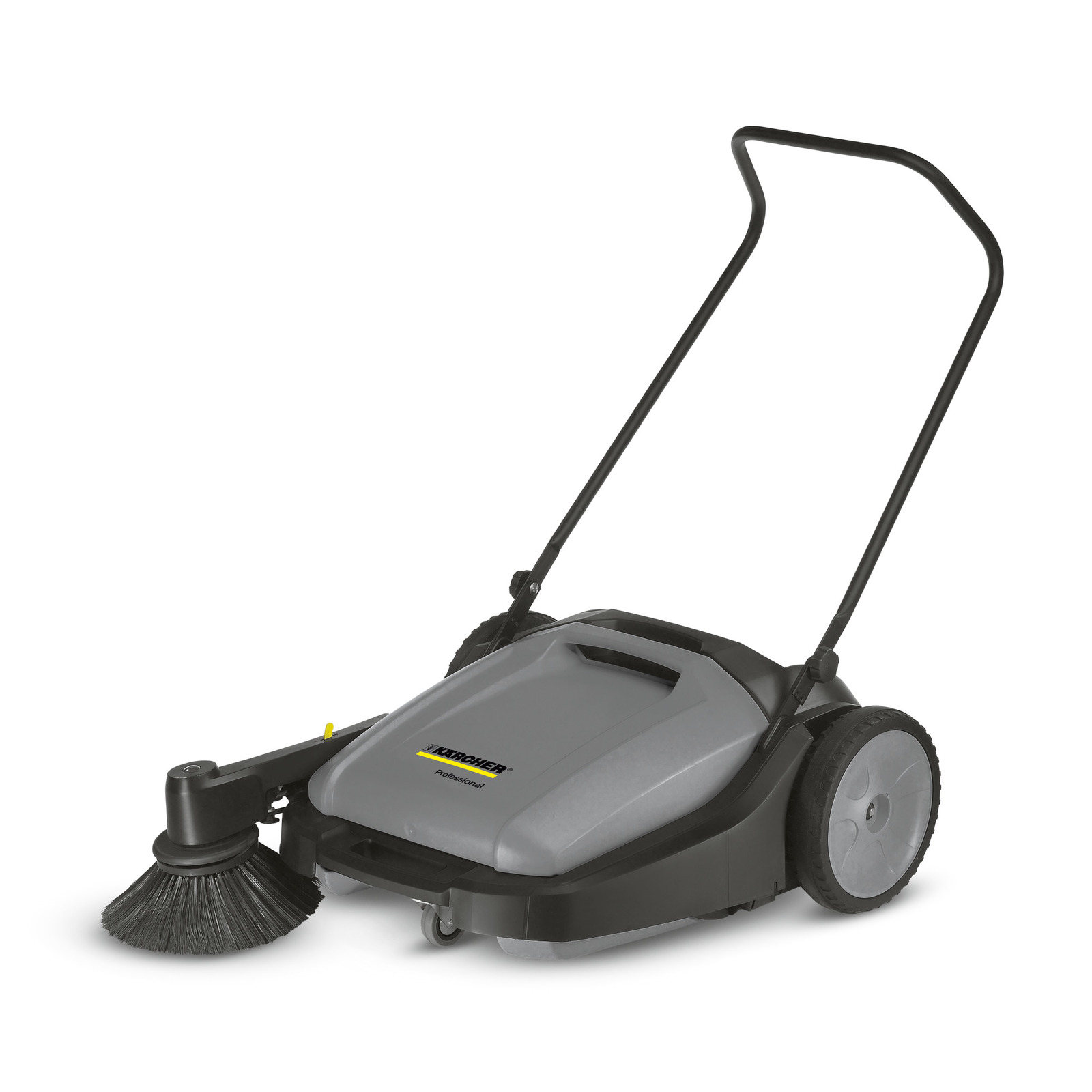 Kärcher push sweeper with grey body, black handle, and large wheels, featuring a circular brush on the front. Kärcher push sweeper with grey body, black handle, and large wheels, featuring a circular brush on the front.
