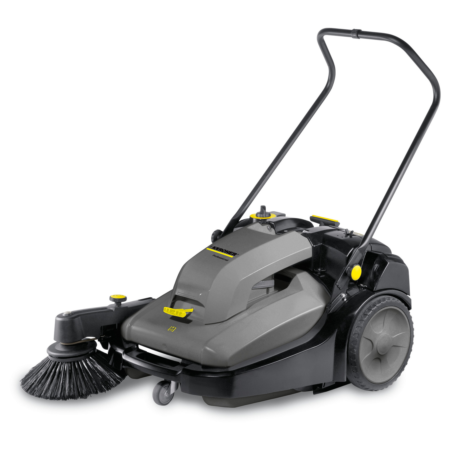 Kärcher walk-behind floor sweeper with a grey body, black wheels, and a large brush on the front left side. Kärcher walk-behind floor sweeper with a grey body, black wheels, and a large brush on the front left side.