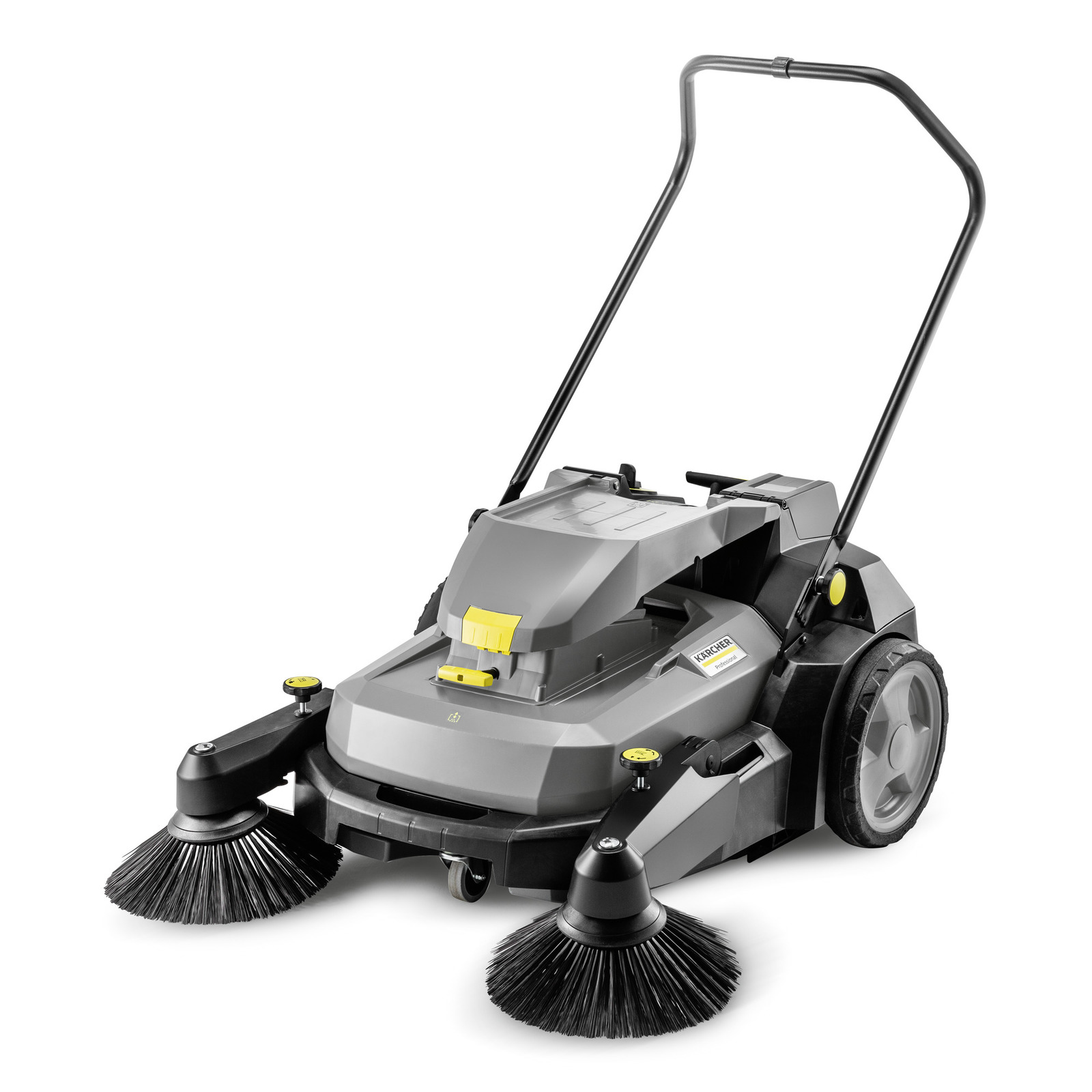 Grey Kärcher push sweeper with dual rotating brushes, large wheels, and a handlebar, designed for outdoor cleaning tasks. Grey Kärcher push sweeper with dual rotating brushes, large wheels, and a handlebar, designed for outdoor cleaning tasks.
