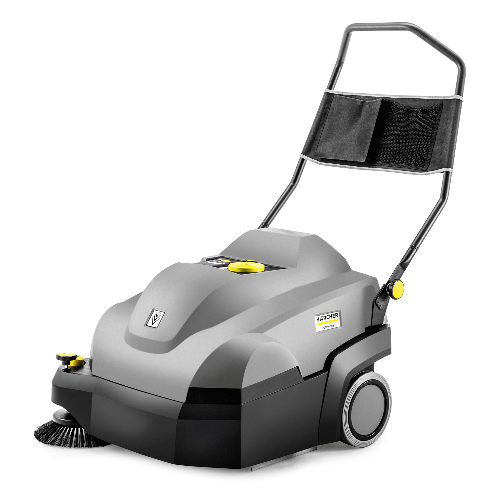 Grauer Kärcher Kehrmaschine mit zwei Rädern und einem schwarzen Griff. Seitenansicht auf weißem Hintergrund.