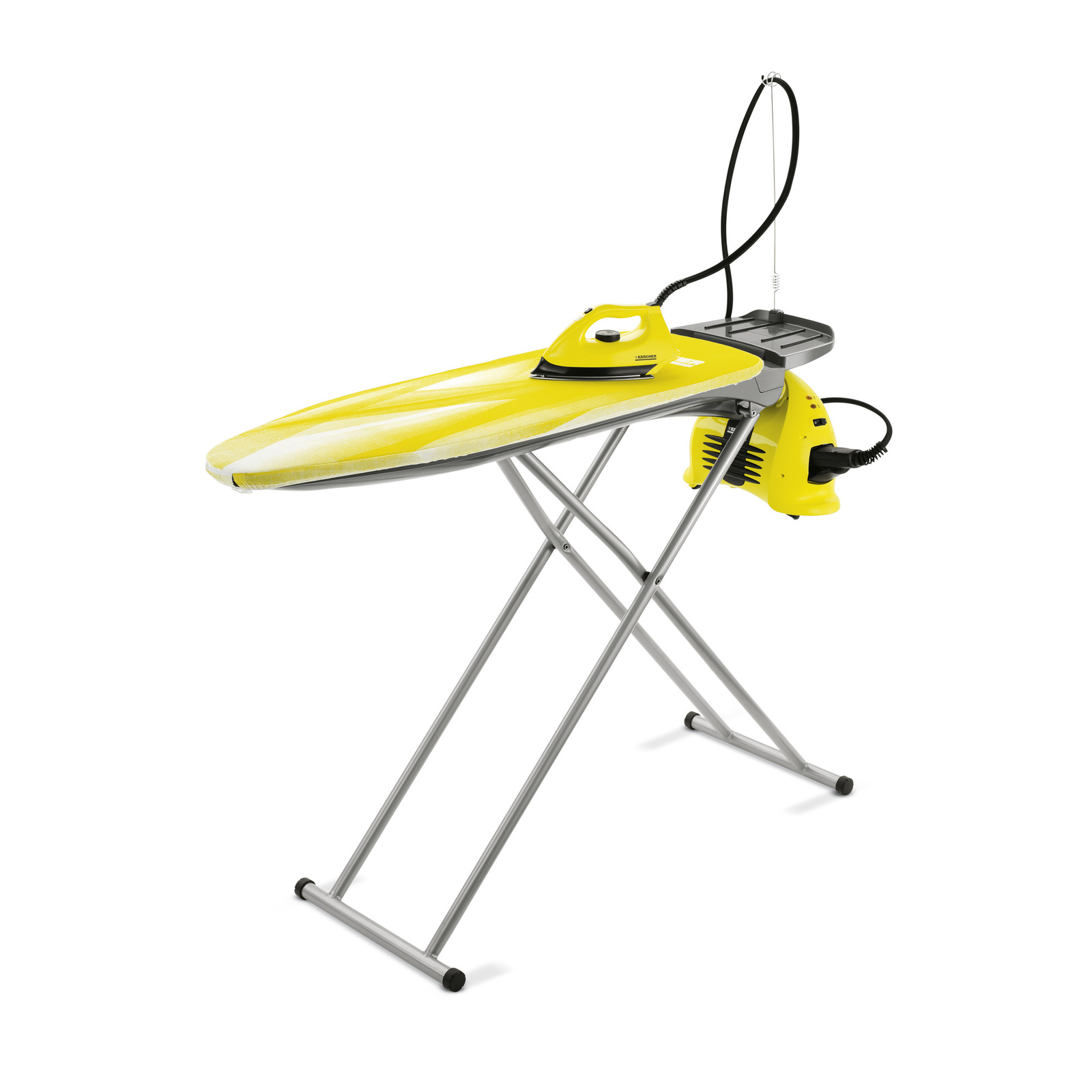 Kärcher ironing system with yellow iron and board, featuring a steam generator and adjustable stand. Kärcher ironing system with yellow iron and board, featuring a steam generator and adjustable stand.