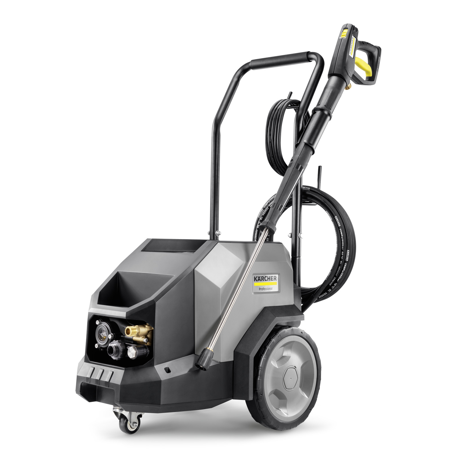Kärcher high-pressure cleaner with wheels, hose reel, and ergonomic handle, set against a white background.