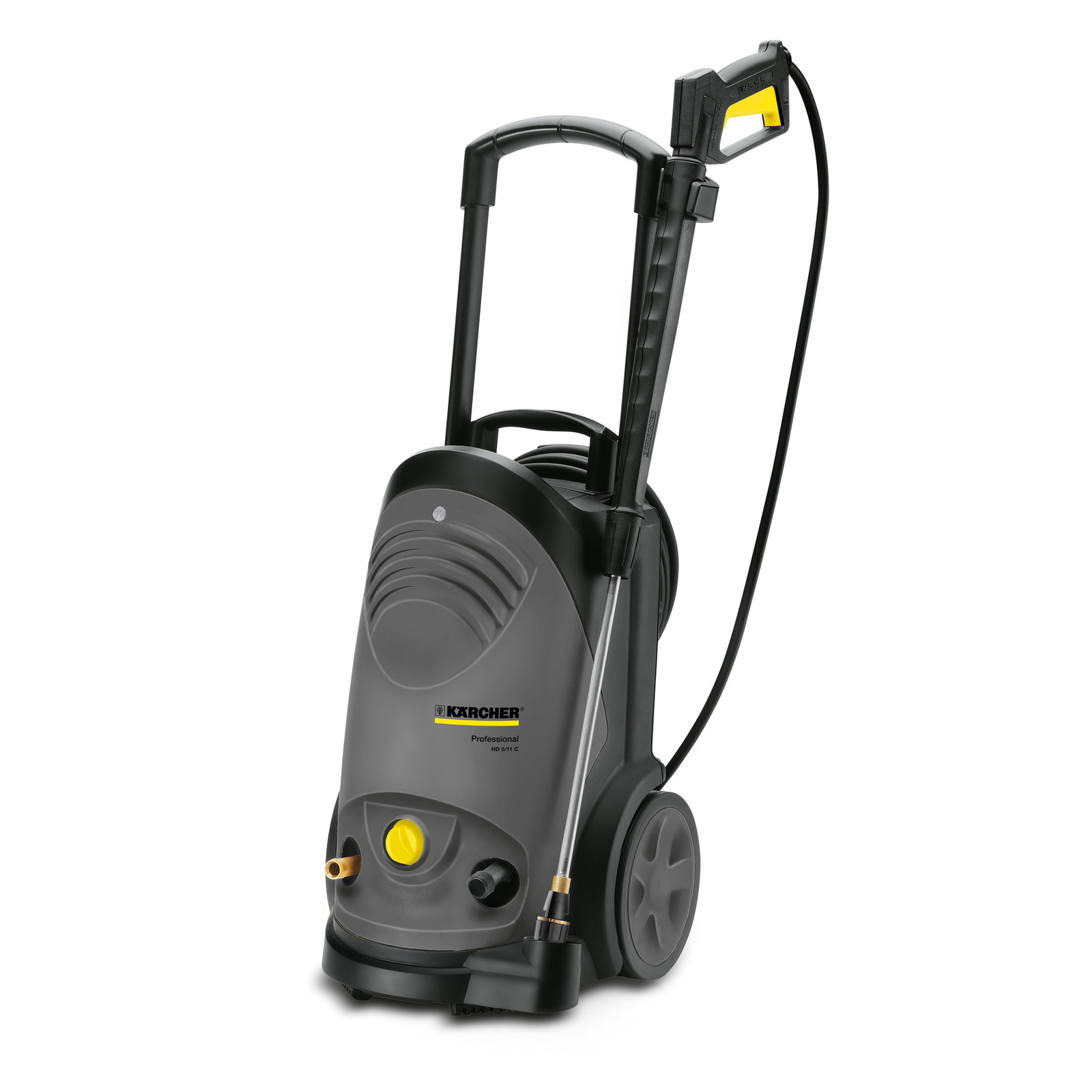 Kärcher high-pressure cleaner with wheels and handle, featuring a grey body and black lance.