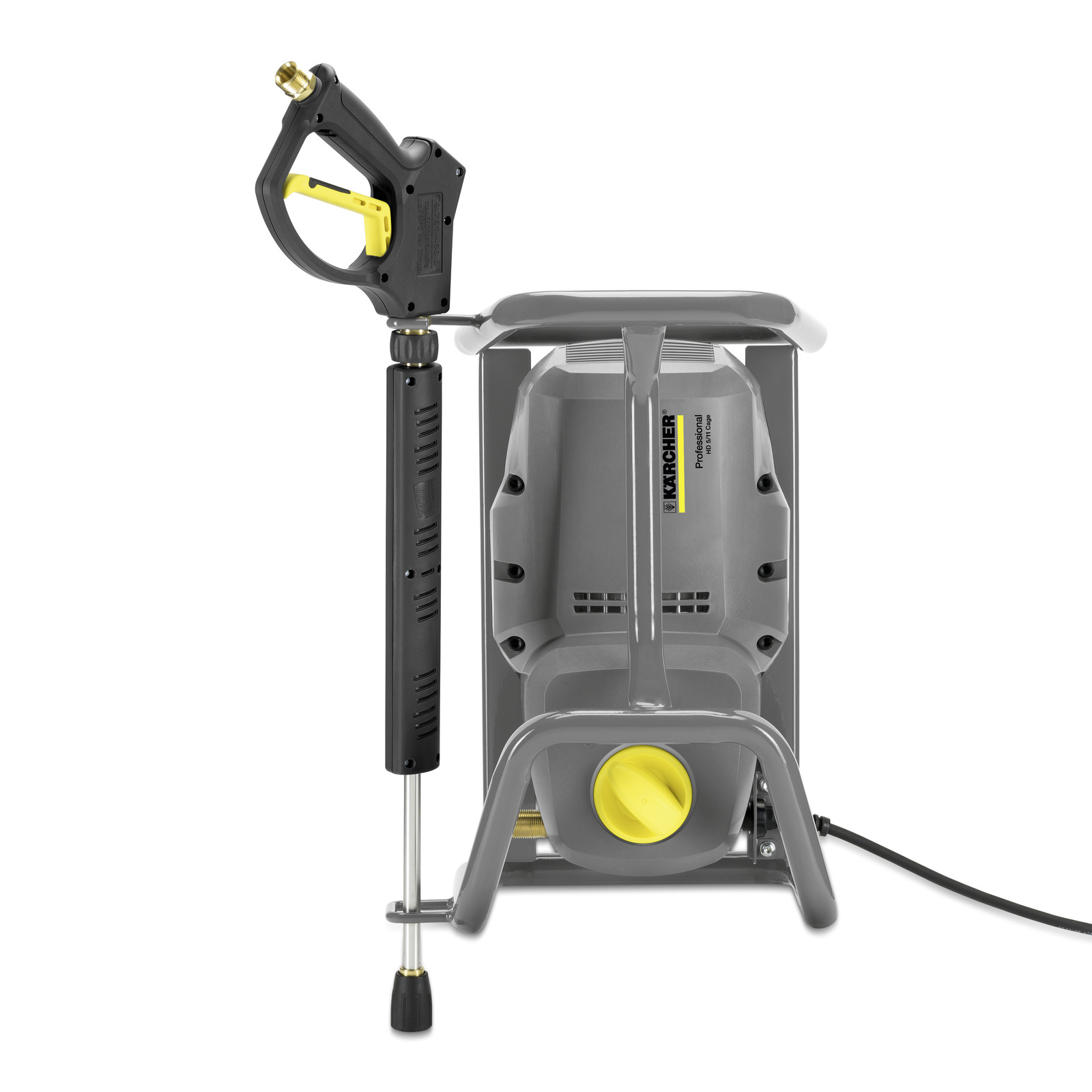 Kärcher high-pressure cleaner with grey body, yellow dial, and black spray gun attached. Kärcher high-pressure cleaner with grey body, yellow dial, and black spray gun attached.