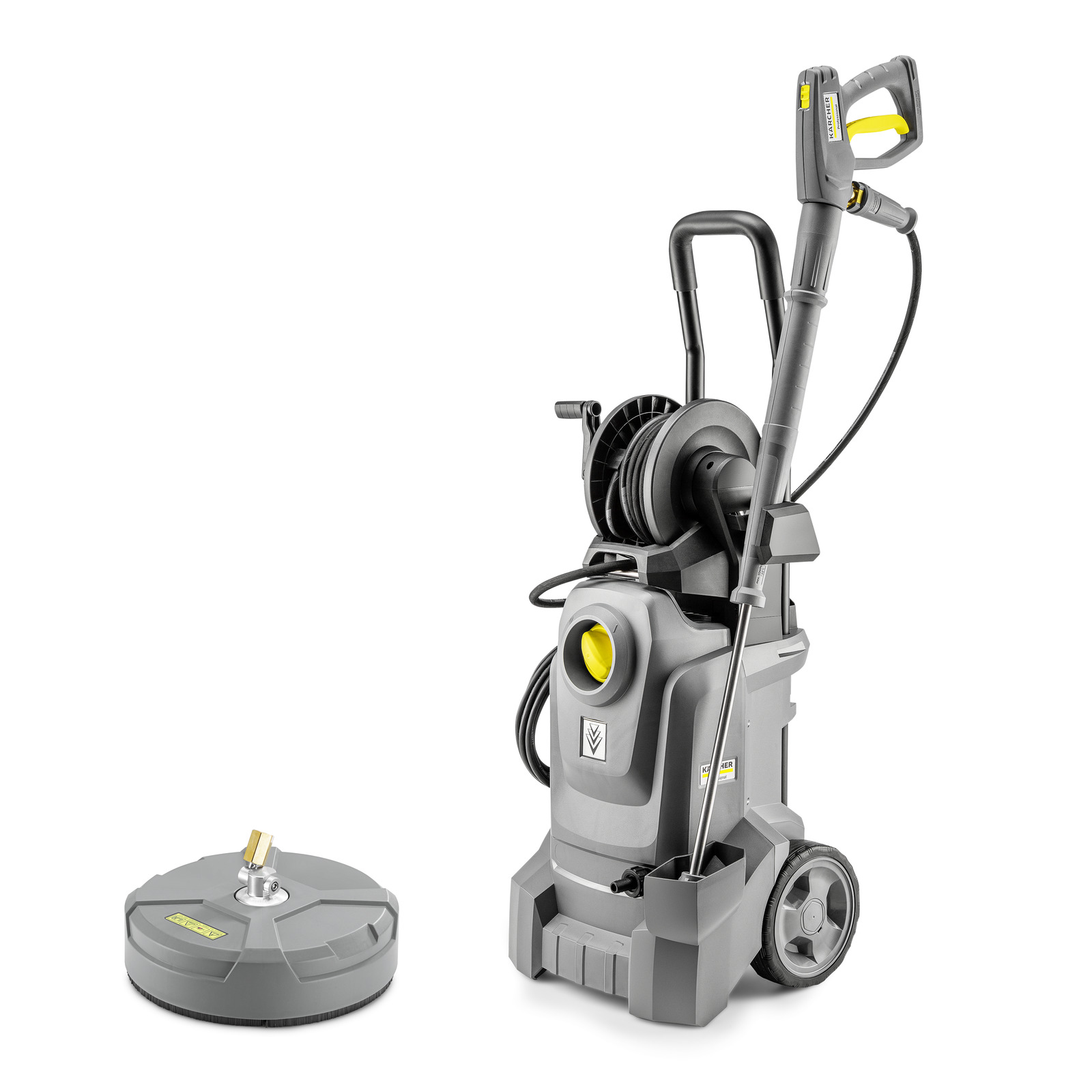 Kärcher high-pressure cleaner with hose reel and surface cleaner attachment, grey and yellow accents, on white background. Kärcher high-pressure cleaner with hose reel and surface cleaner attachment, grey and yellow accents, on white background.