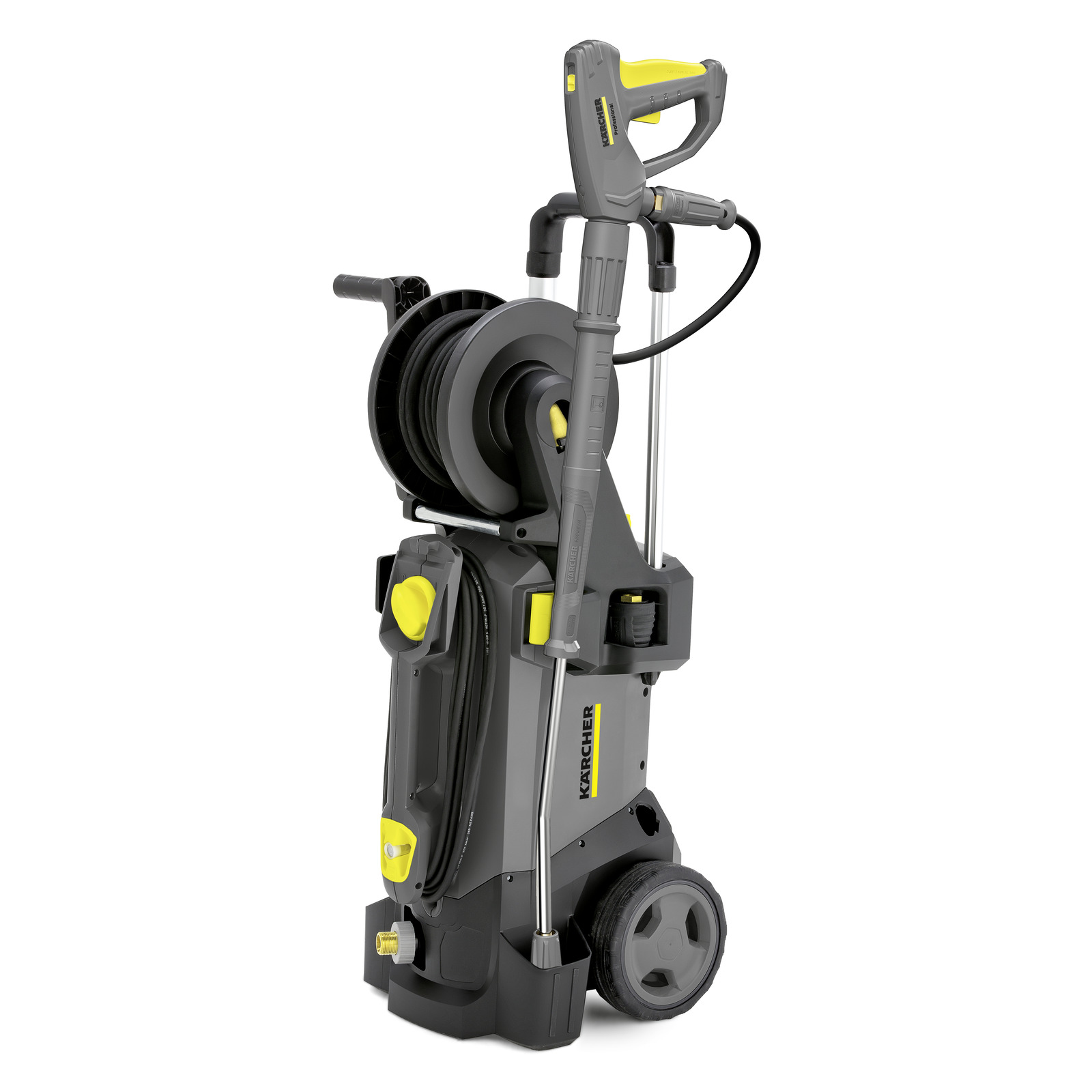 Kärcher high-pressure cleaner with hose reel, grey and yellow, upright on wheels, handle extended. Kärcher high-pressure cleaner with hose reel, grey and yellow, upright on wheels, handle extended.