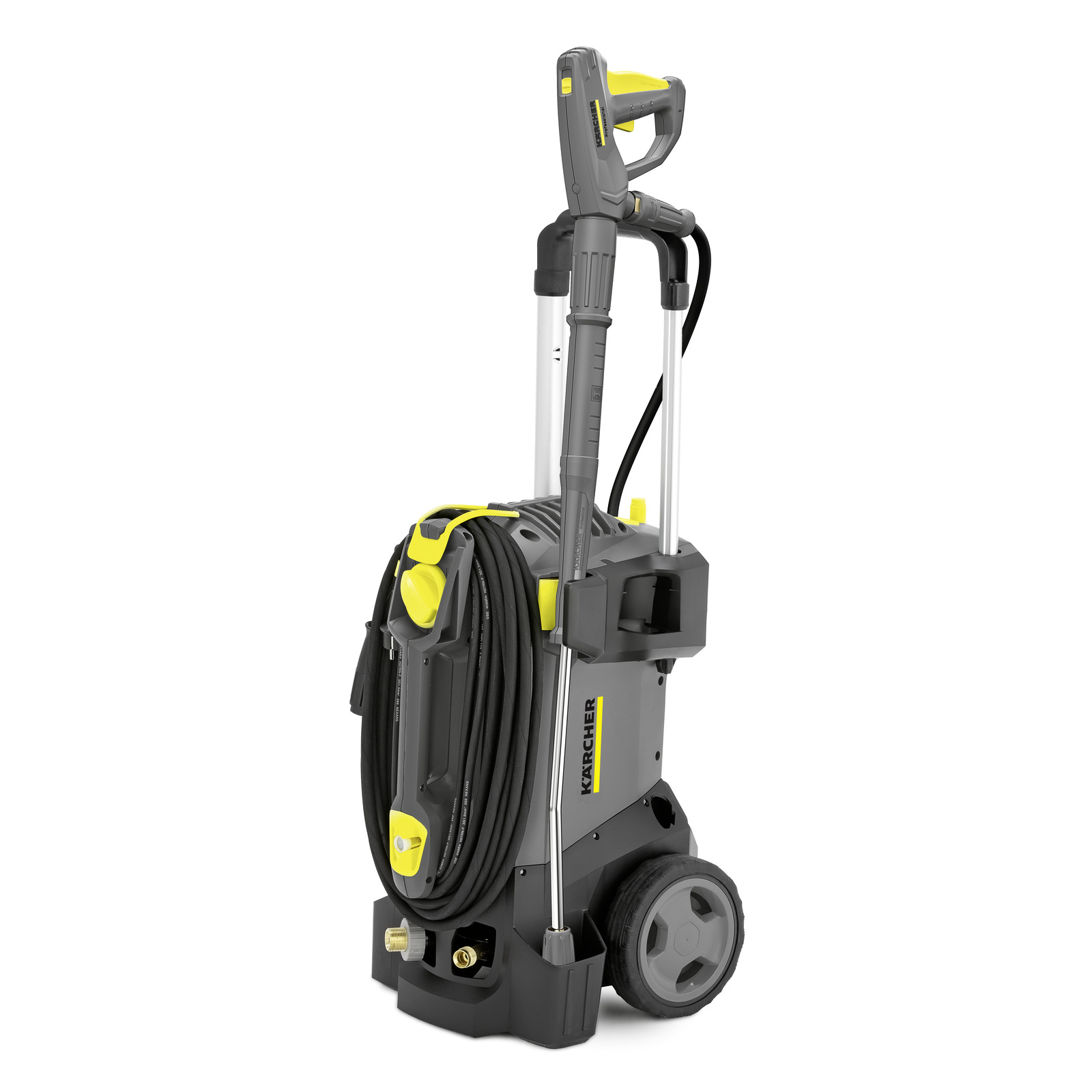 Kärcher high-pressure cleaner with wheels, hose, and handle, standing upright on a white background.