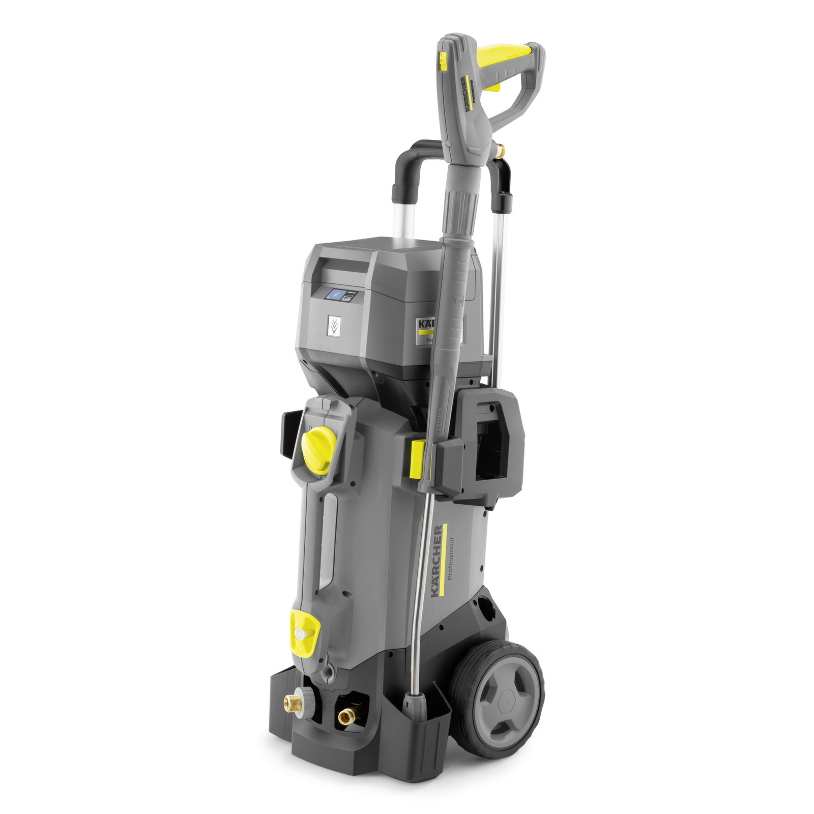 Kärcher high-pressure cleaner with grey body, yellow accents, and wheels for mobility. Kärcher high-pressure cleaner with grey body, yellow accents, and wheels for mobility.