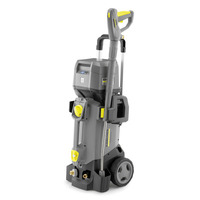 Kärcher high-pressure cleaner with grey body, yellow accents, and wheels for mobility.