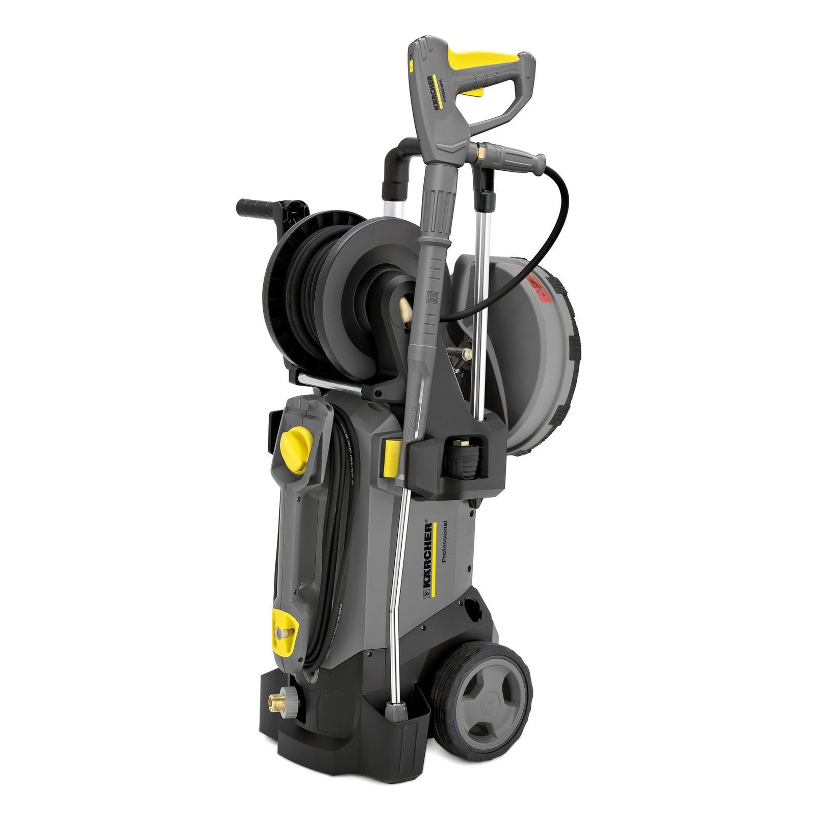 Kärcher high-pressure cleaner with hose reel, grey and yellow, mounted on wheels for mobility.