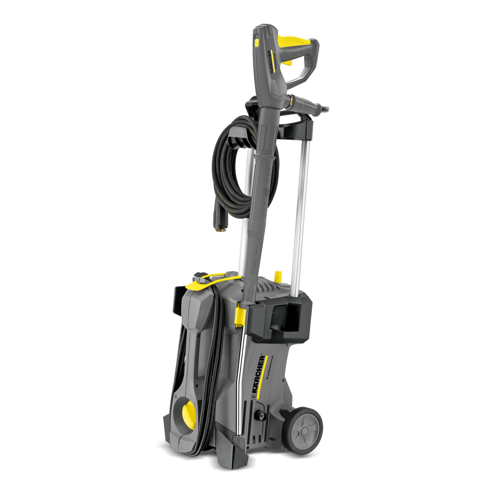 Kärcher high-pressure cleaner with hose and trigger gun, grey and yellow design, mounted on wheels.