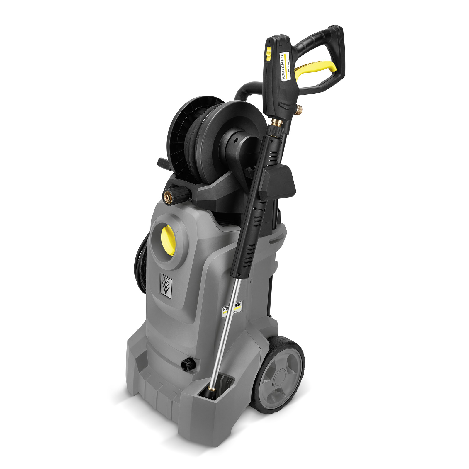 Kärcher high-pressure cleaner with hose reel and wheels, featuring a black and yellow spray gun. Kärcher high-pressure cleaner with hose reel and wheels, featuring a black and yellow spray gun.
