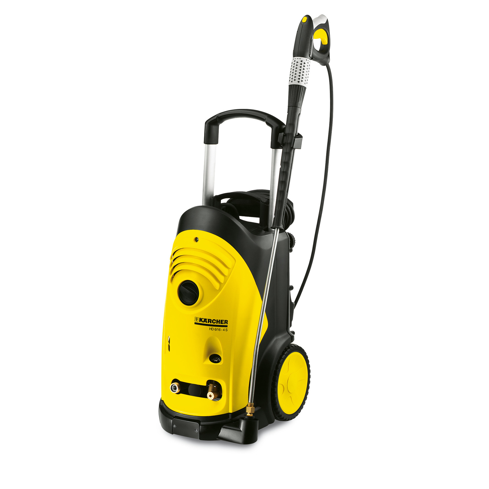 Kärcher HD 6/16-4 S high-pressure cleaner with yellow and black design, large wheels, and a spray gun attached.