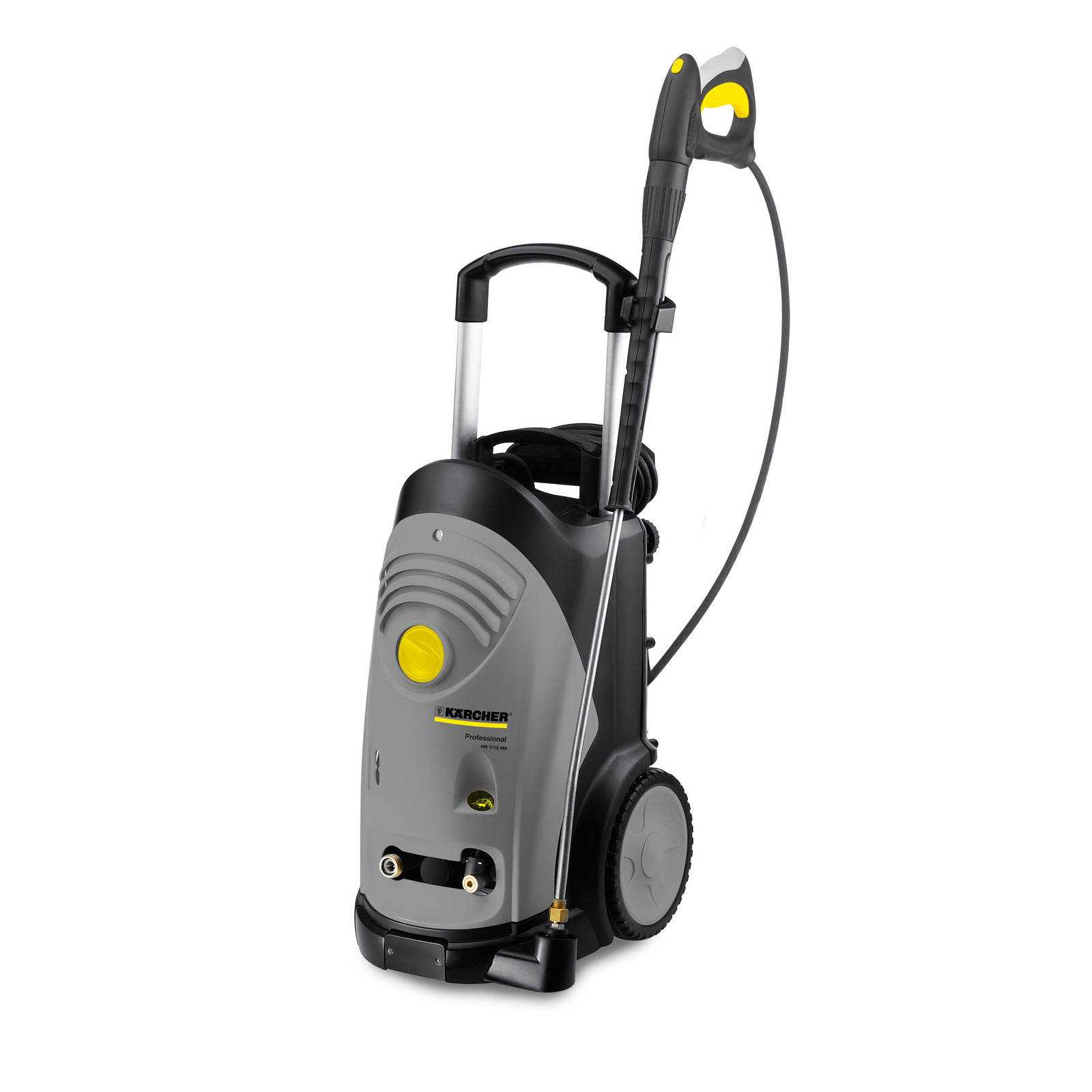 Kärcher high-pressure cleaner with grey body, yellow accents, and black handle, featuring large wheels for mobility.