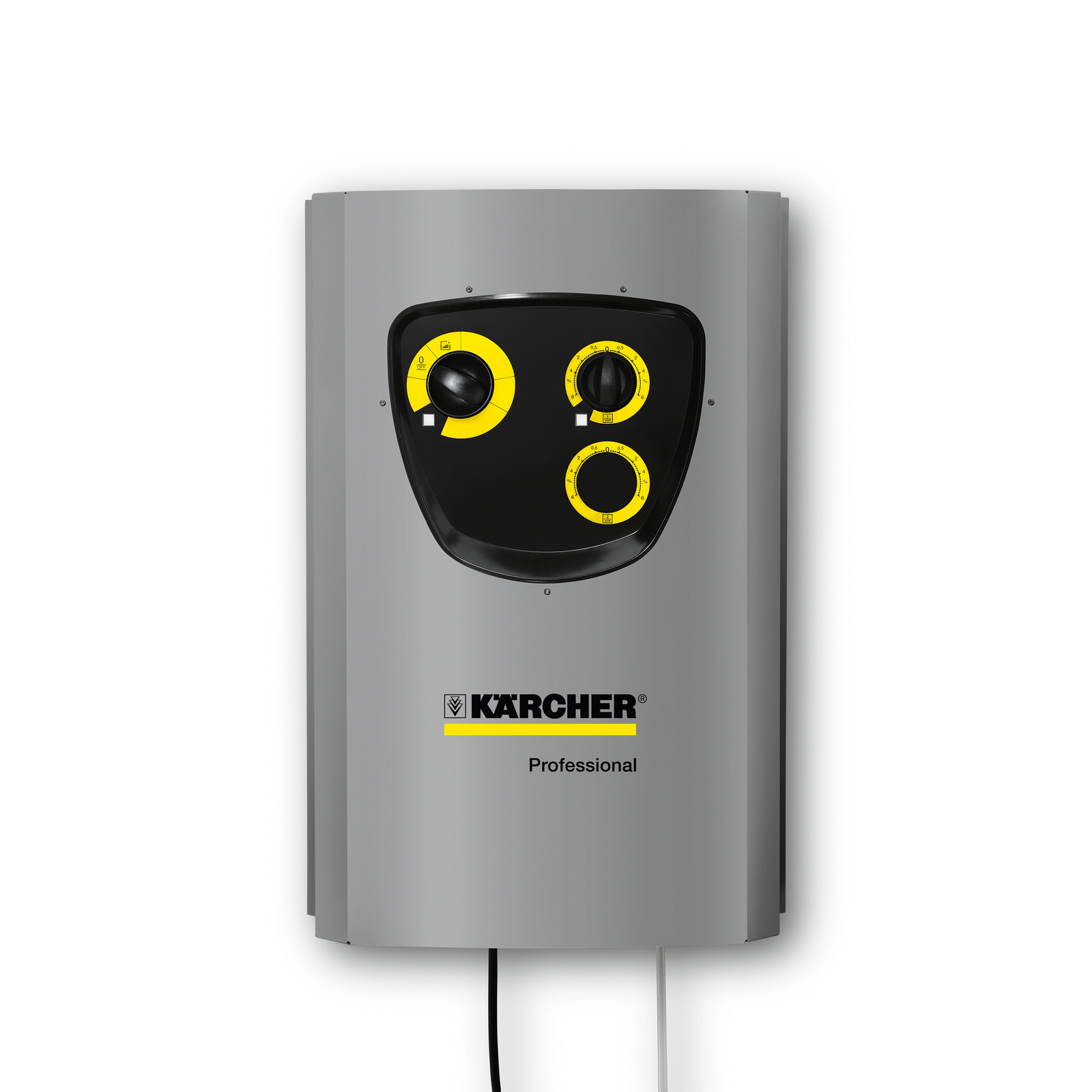 Kärcher Professional control panel with three yellow dials on a grey unit.