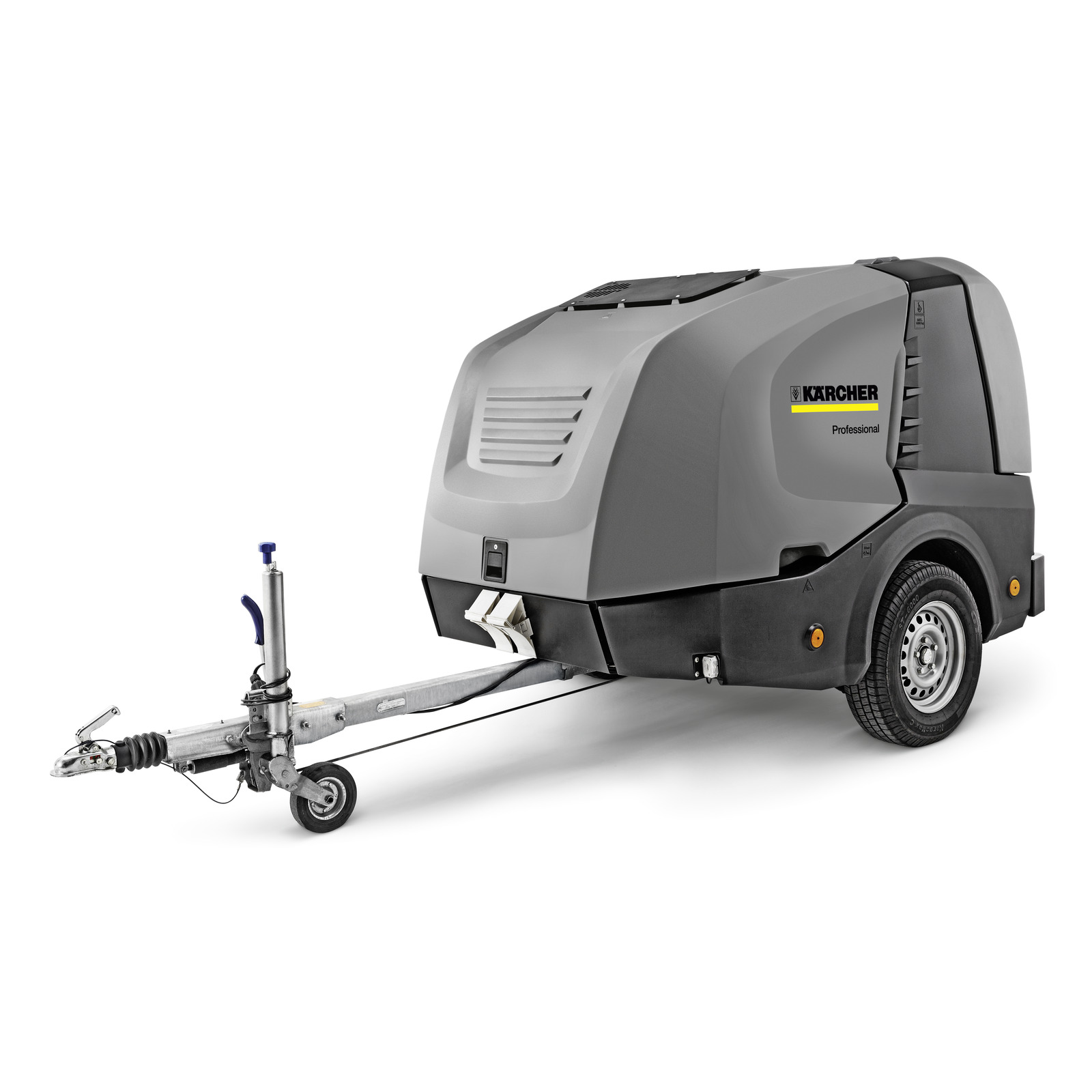 Kärcher professional trailer-mounted cleaning unit with grey casing and tow bar, featuring wheels and hitch.