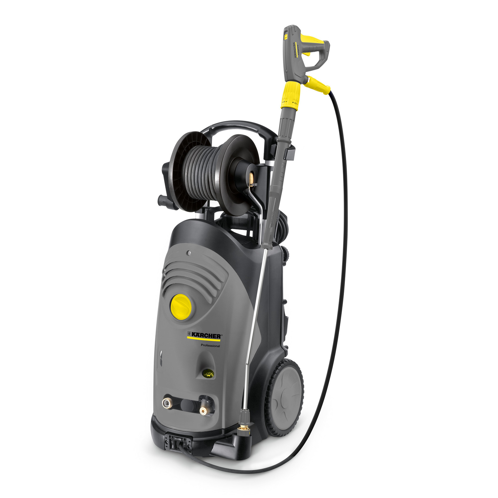 Kärcher high-pressure cleaner with hose reel, grey and yellow, on wheels.