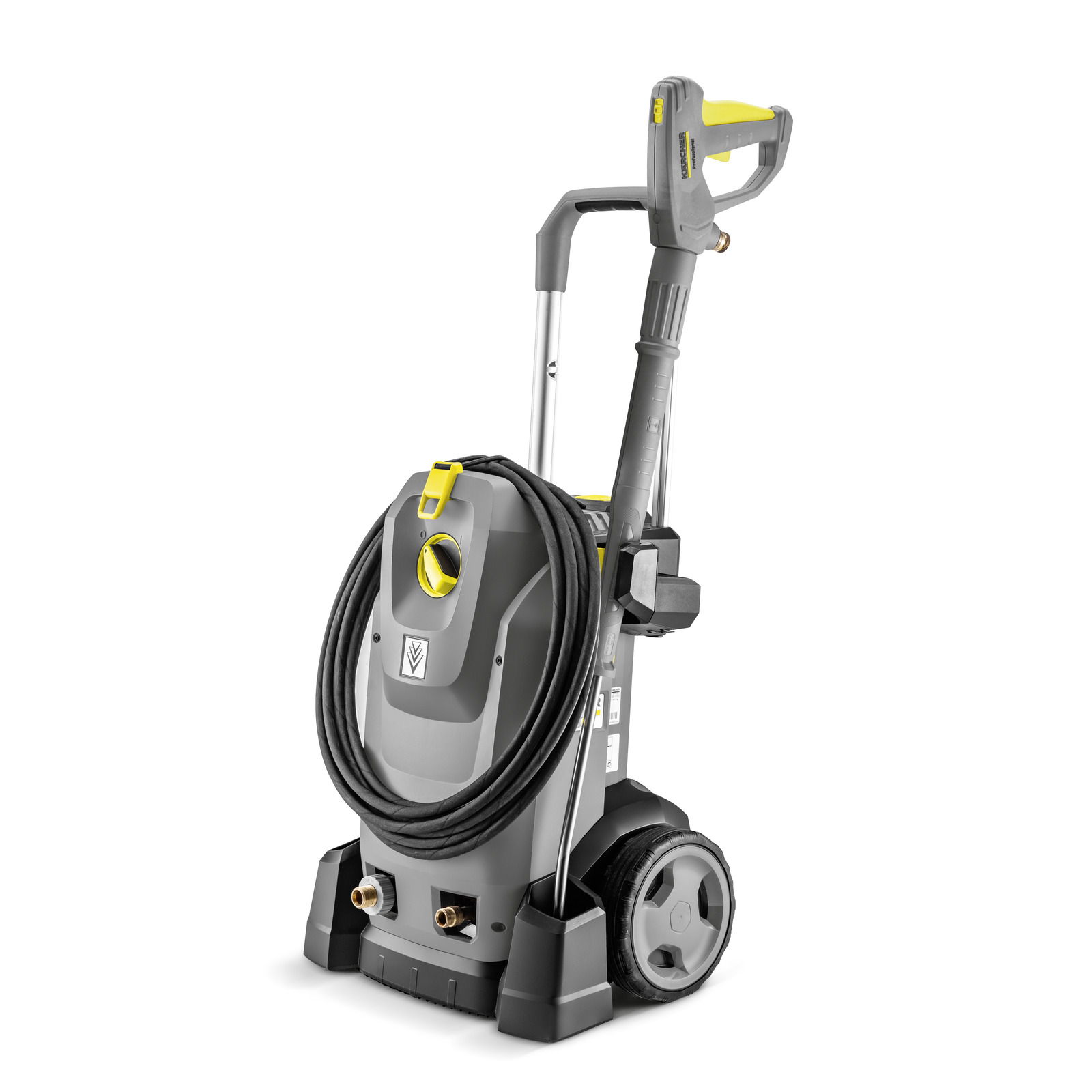 Kärcher high-pressure cleaner with hose, grey and yellow design, on wheels.