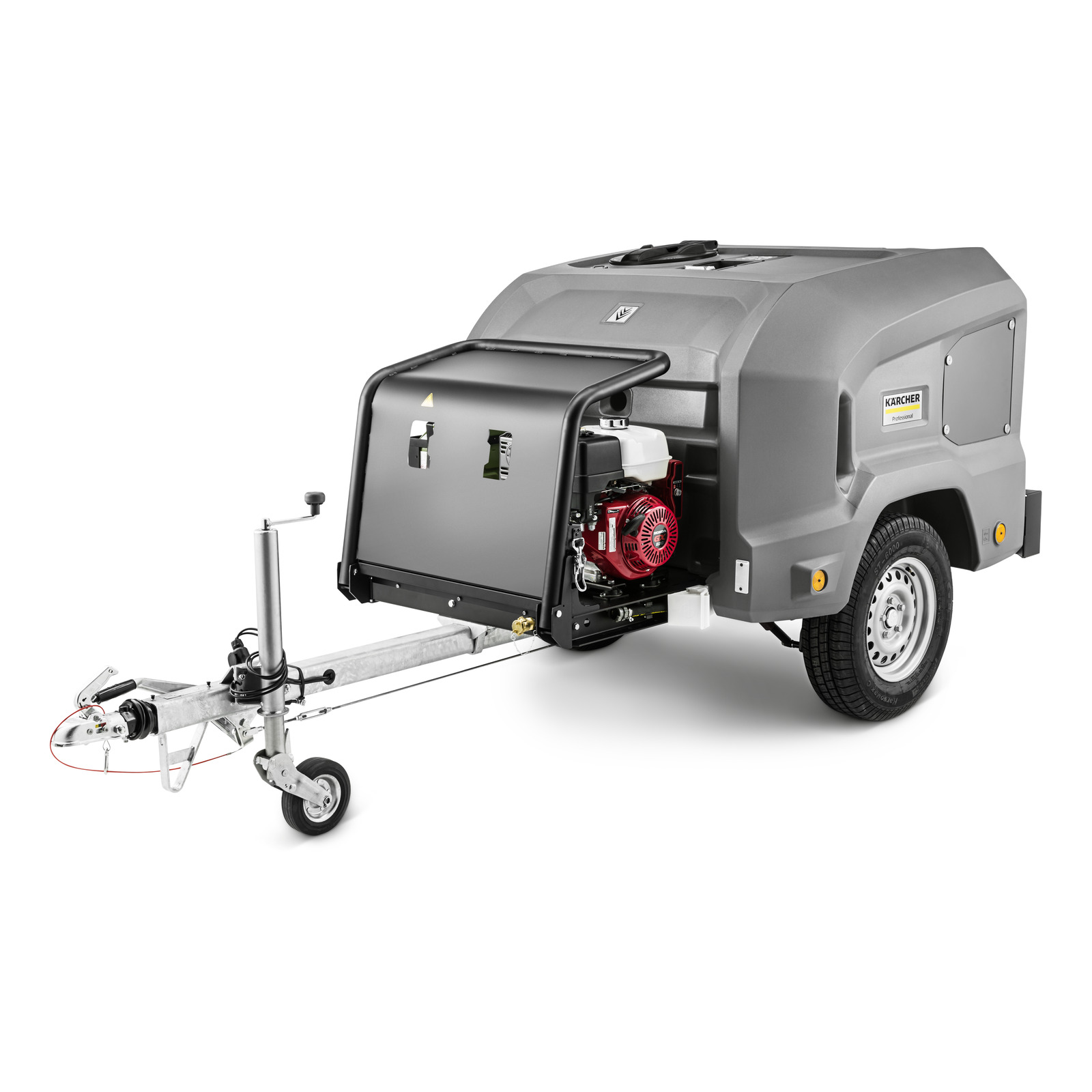 Kärcher trailer-mounted high-pressure cleaner with grey casing and visible red engine, attached to a tow bar.