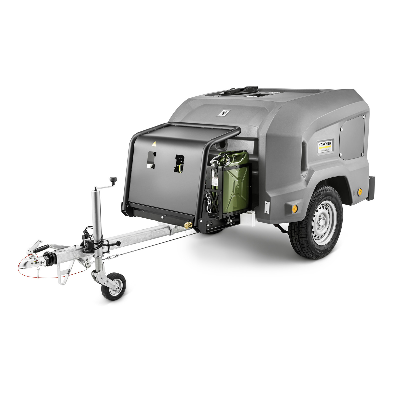Kärcher trailer-mounted high-pressure cleaner with grey casing and visible green fuel tank. Kärcher trailer-mounted high-pressure cleaner with grey casing and visible green fuel tank.