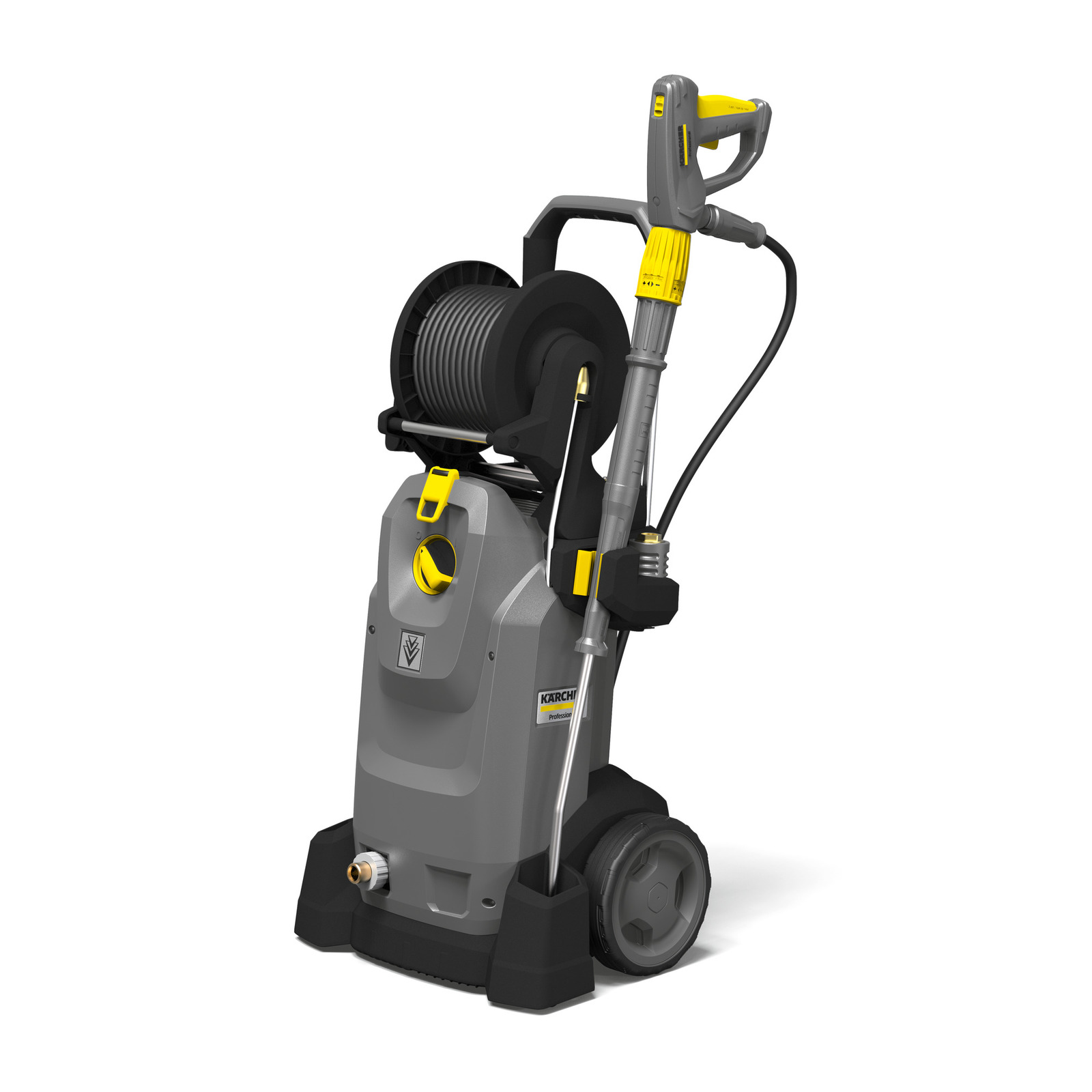 Kärcher high-pressure cleaner with hose reel and trigger gun, grey and yellow design, on wheels. Kärcher high-pressure cleaner with hose reel and trigger gun, grey and yellow design, on wheels.