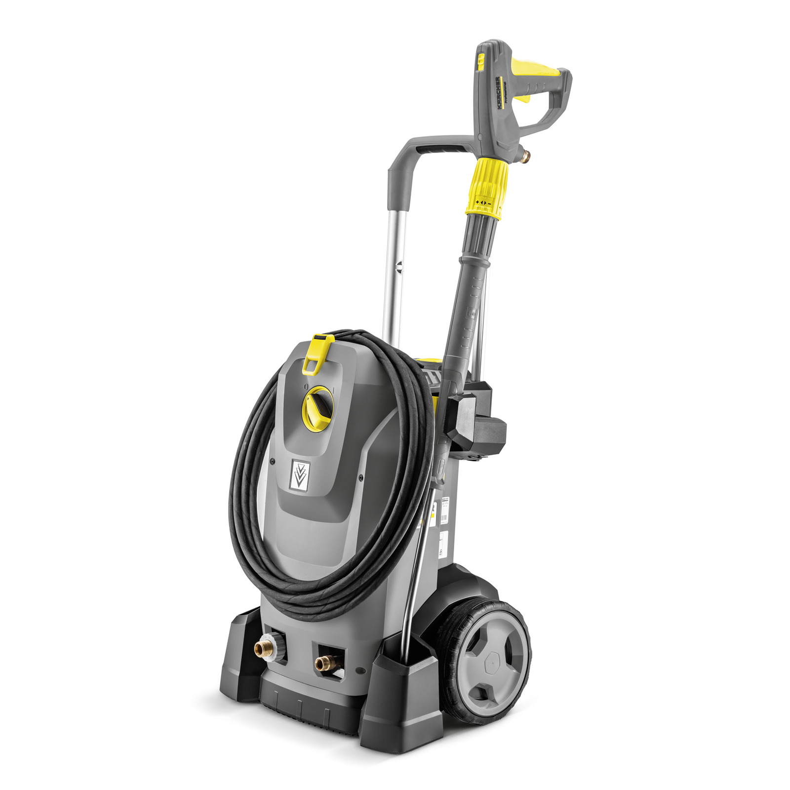 Kärcher high-pressure cleaner with hose and spray gun, featuring a grey and yellow design on wheels.