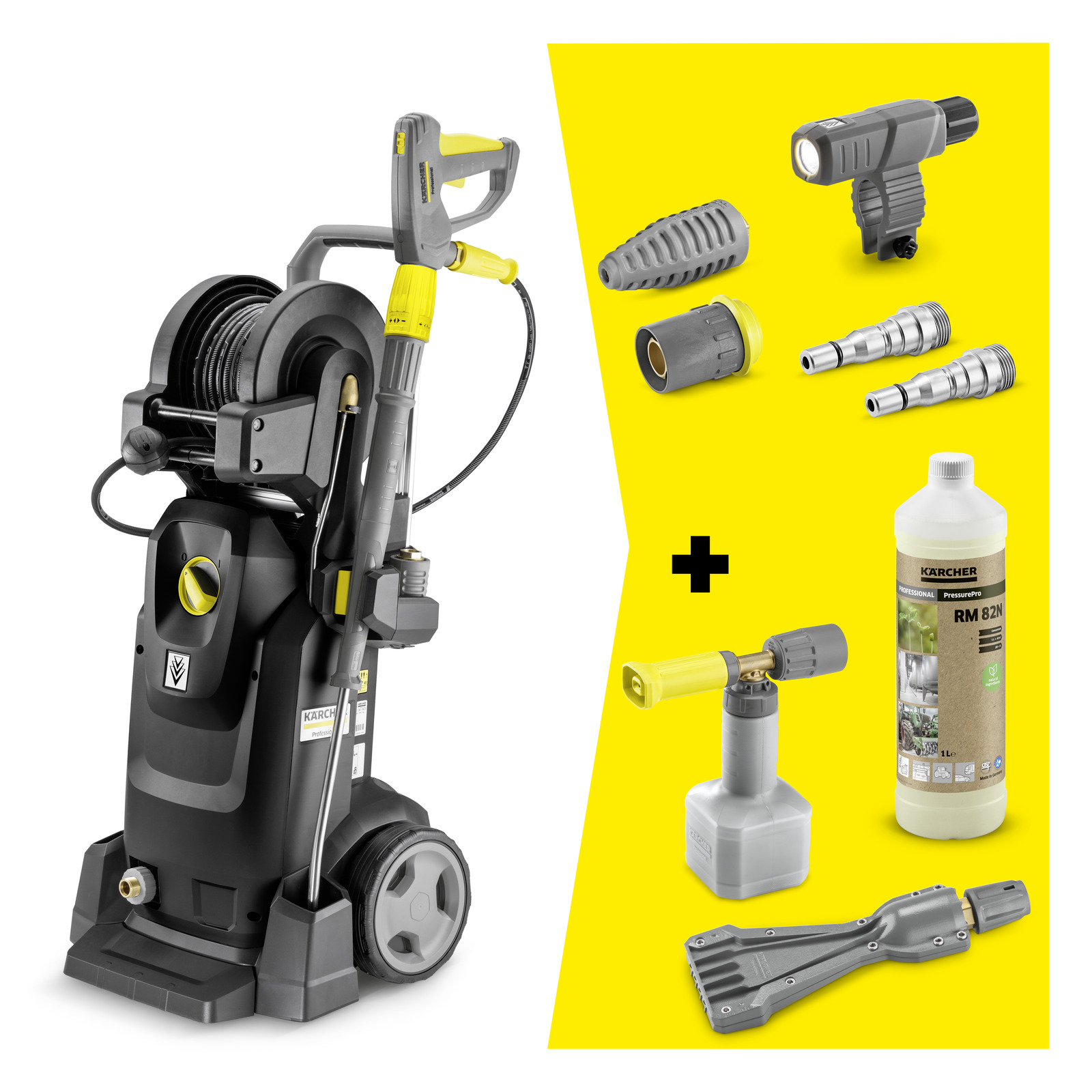 Curățător cu presiune Kärcher, accesorii incluse: duze, detergent, perie și pistol de pulverizare. Fundal galben.