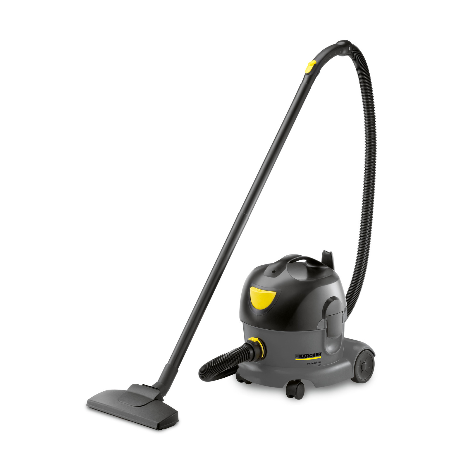Aspirator Kärcher cu design negru și galben, cu furtun flexibil și perie pentru podea.