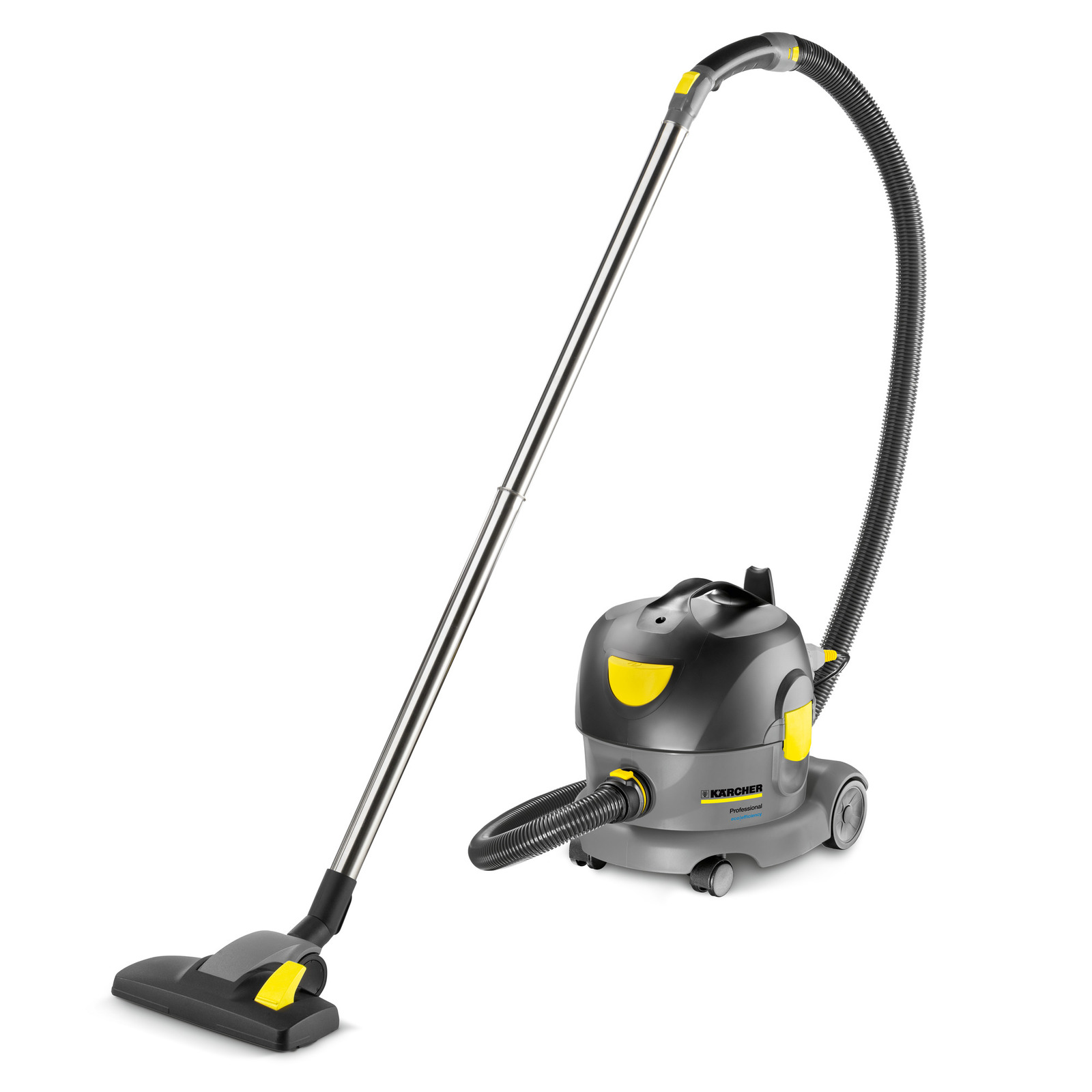 Kärcher vacuum cleaner with a grey body, yellow accents, and a long black hose attached to a metal wand.