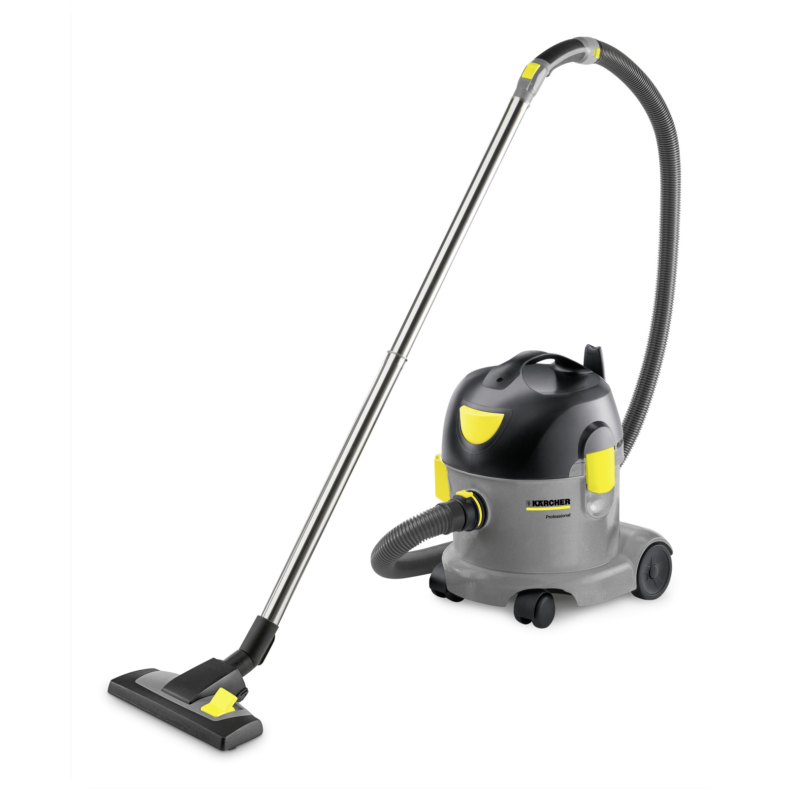Aspirator Kärcher cu tub metalic și furtun flexibil, design gri-negru cu accente galbene, pe fundal alb.