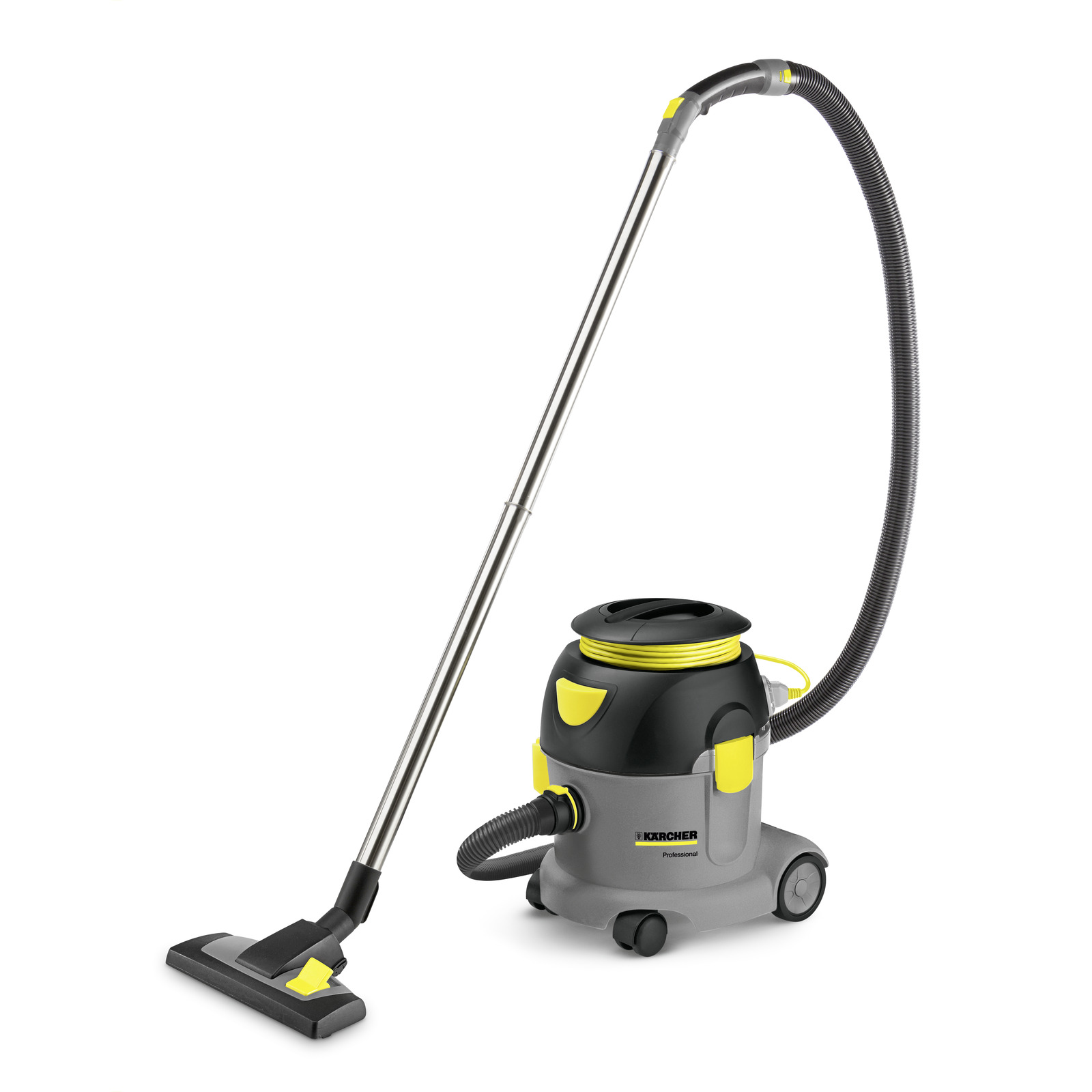 Kärcher vacuum cleaner with a long hose and nozzle, featuring a grey and black body with yellow accents.