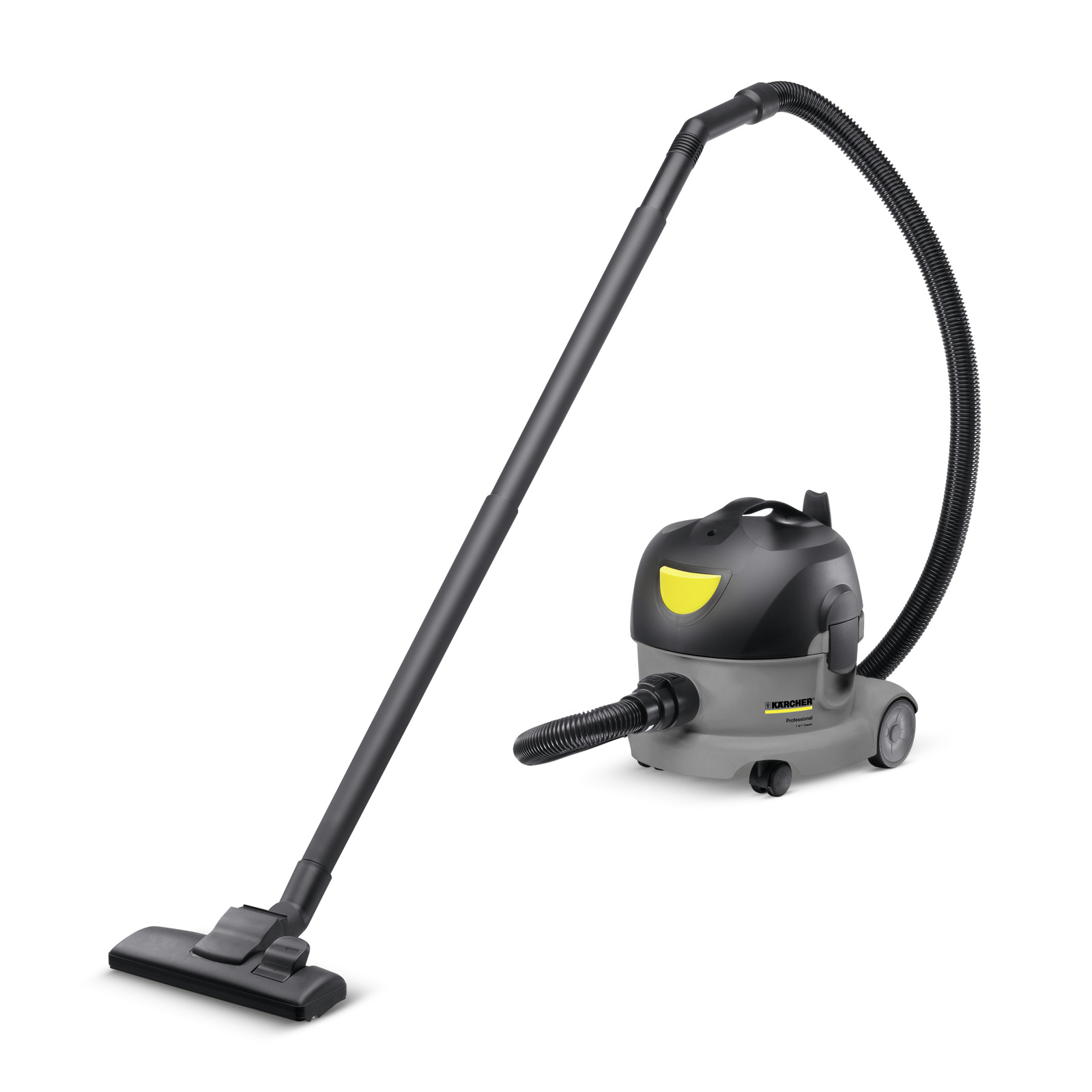 Kärcher vacuum cleaner with a long hose and floor nozzle, featuring a grey and black design with yellow accents.