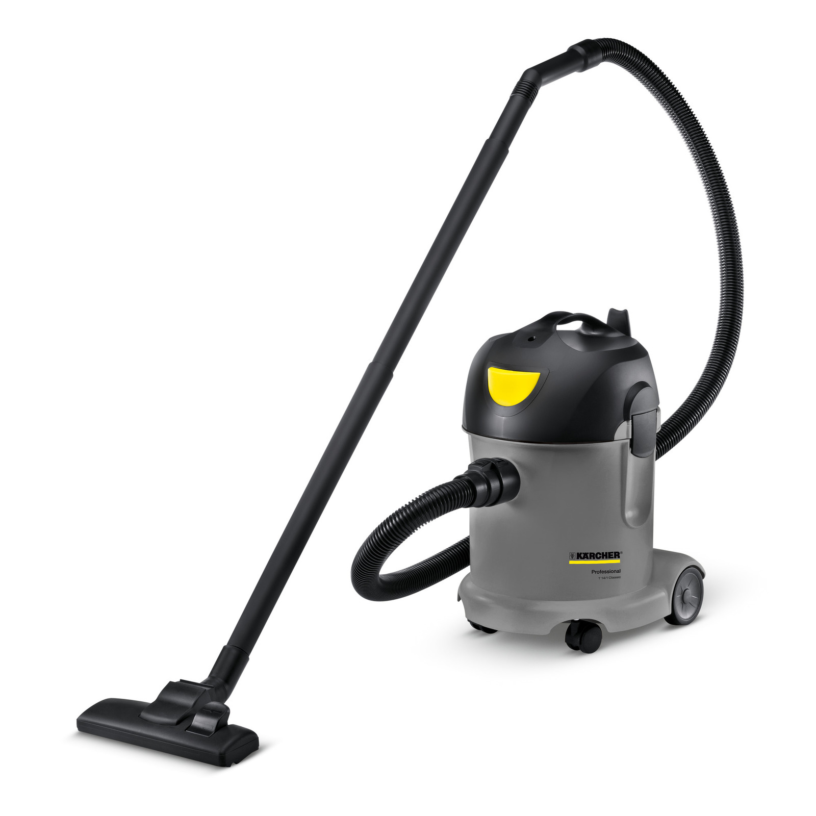 Kärcher wet and dry vacuum cleaner with a long hose and nozzle, featuring a grey and black design with yellow accents. Kärcher wet and dry vacuum cleaner with a long hose and nozzle, featuring a grey and black design with yellow accents.