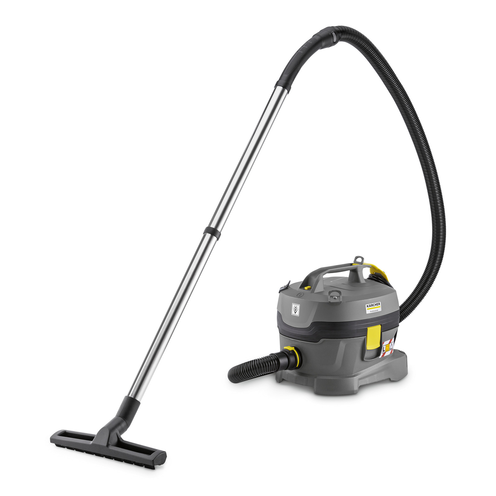 Aspirator Kärcher cu tub metalic și furtun flexibil, pe fundal alb. Aspirator Kärcher cu tub metalic și furtun flexibil, pe fundal alb.