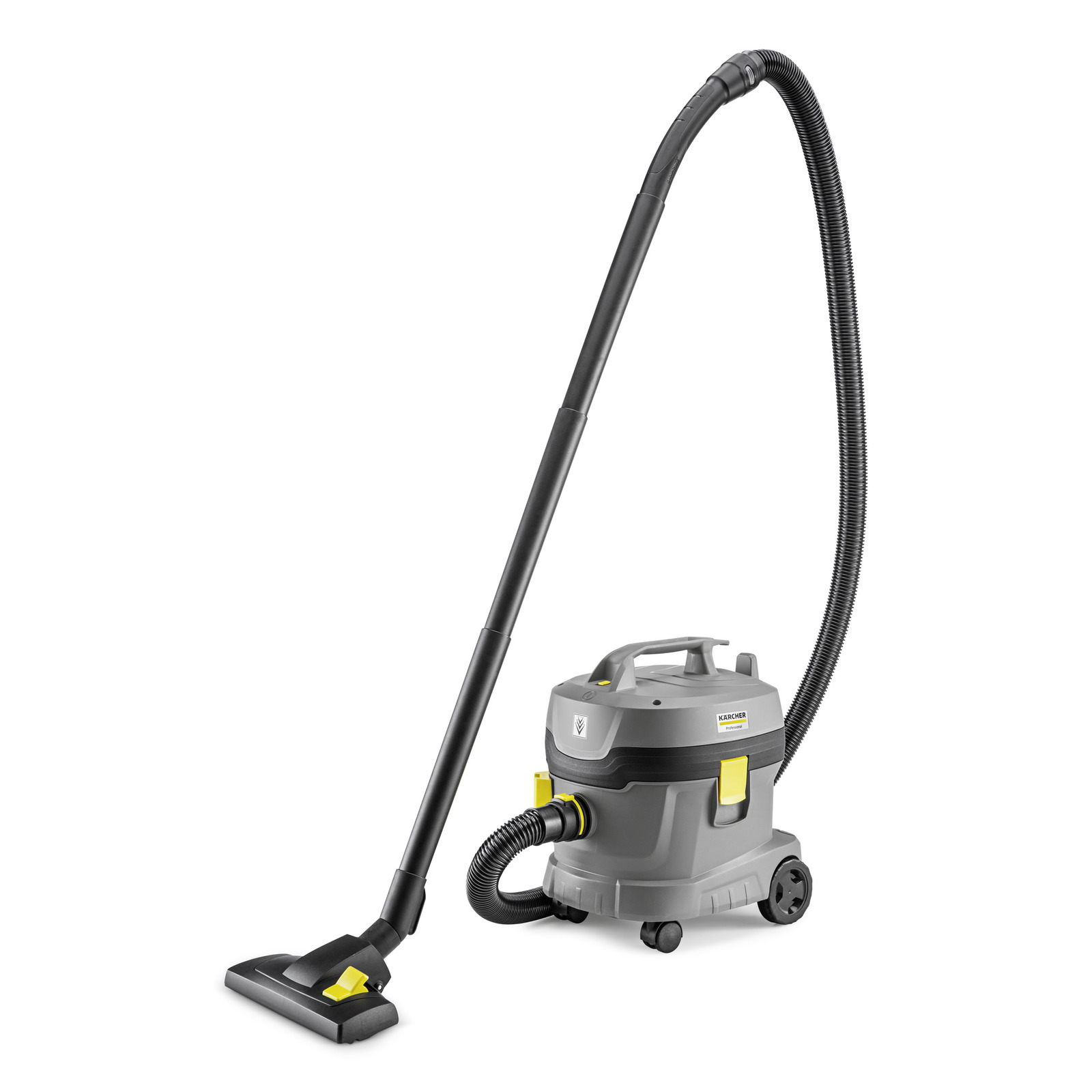 Kärcher wet and dry vacuum cleaner with a long hose and floor nozzle, grey and yellow design, on wheels. Kärcher wet and dry vacuum cleaner with a long hose and floor nozzle, grey and yellow design, on wheels.