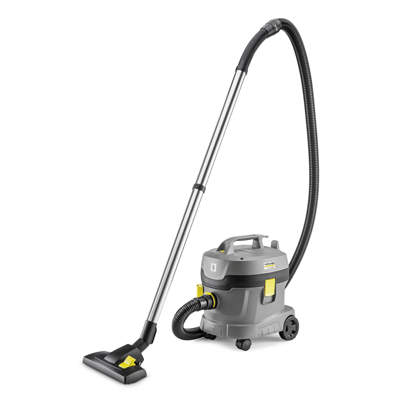 Grey Kärcher vacuum cleaner with a long hose and nozzle, featuring wheels and a handle for mobility.