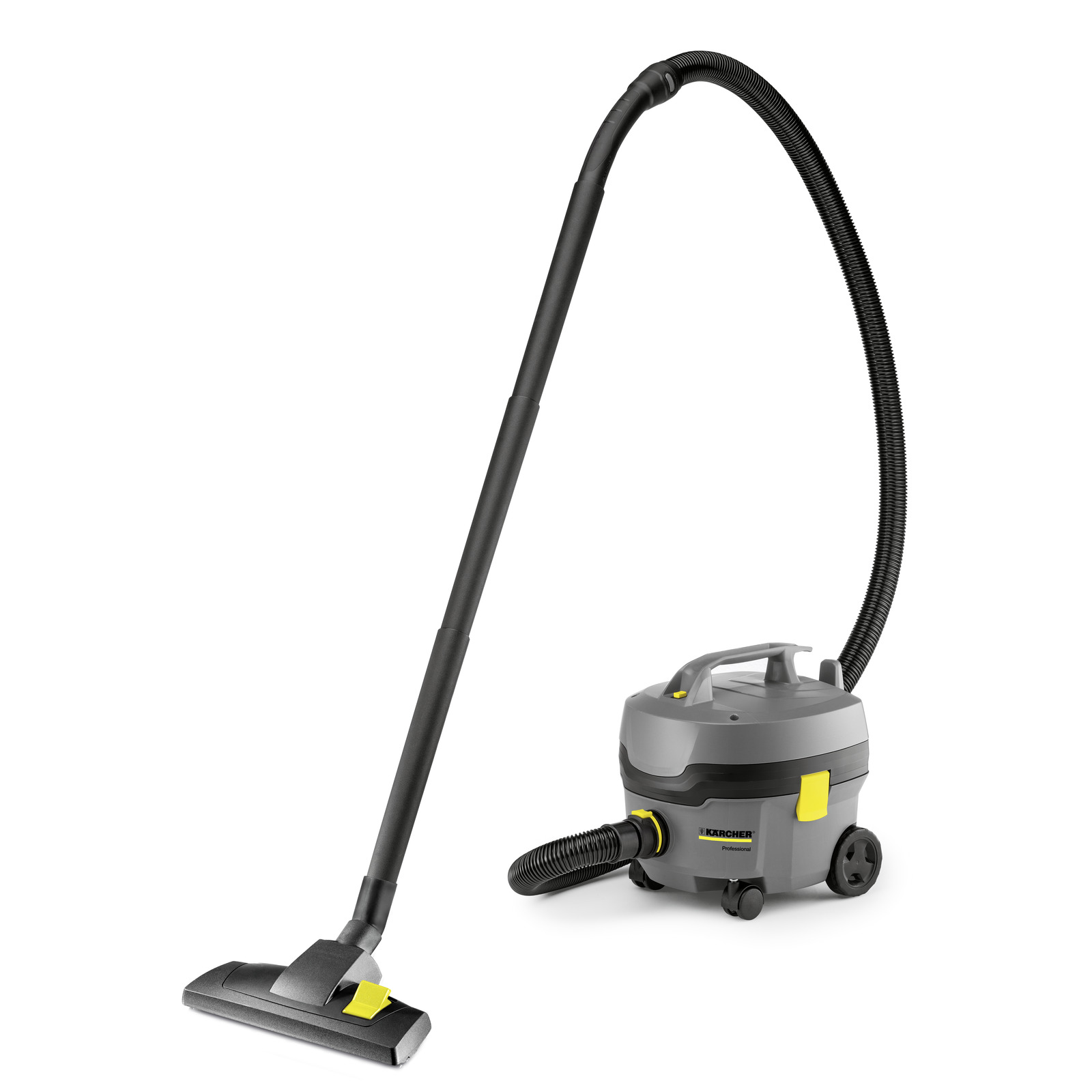 Kärcher vacuum cleaner with a long hose and floor nozzle, grey and yellow design, on white background.