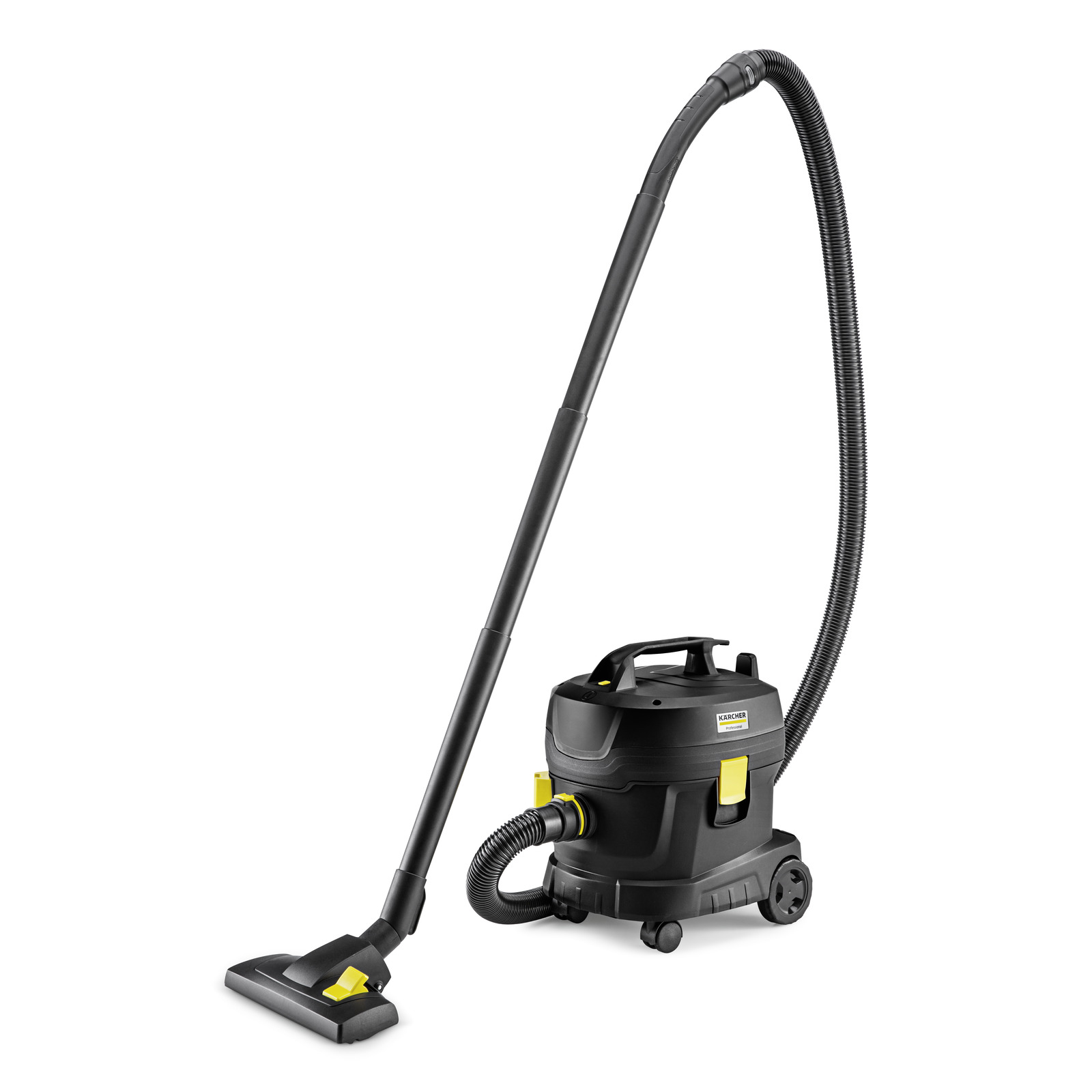 Kärcher vacuum cleaner with a long hose and floor nozzle, black and yellow design, on white background.