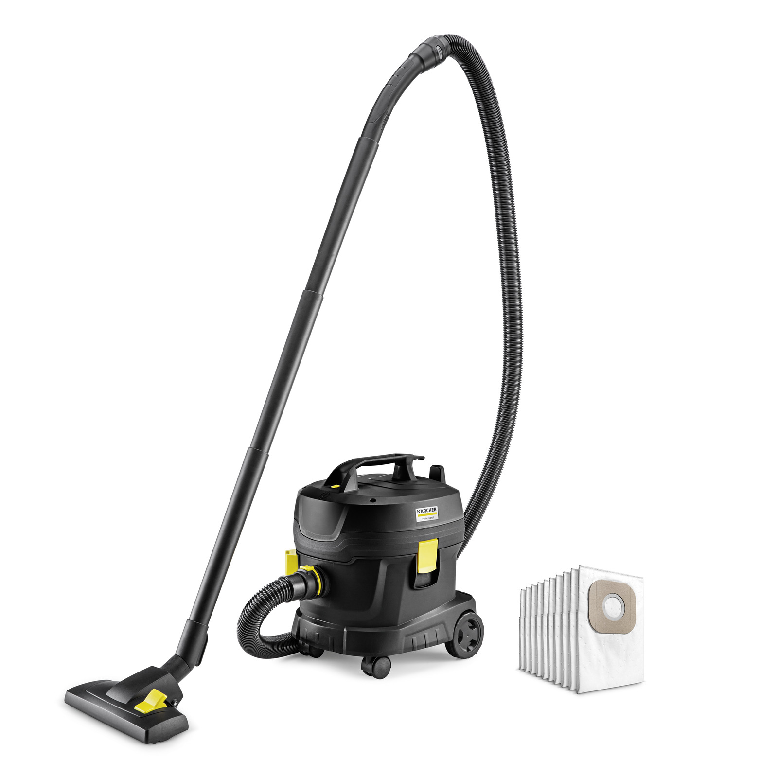 Kärcher vacuum cleaner with long hose and nozzle, alongside a stack of vacuum bags. Kärcher vacuum cleaner with long hose and nozzle, alongside a stack of vacuum bags.