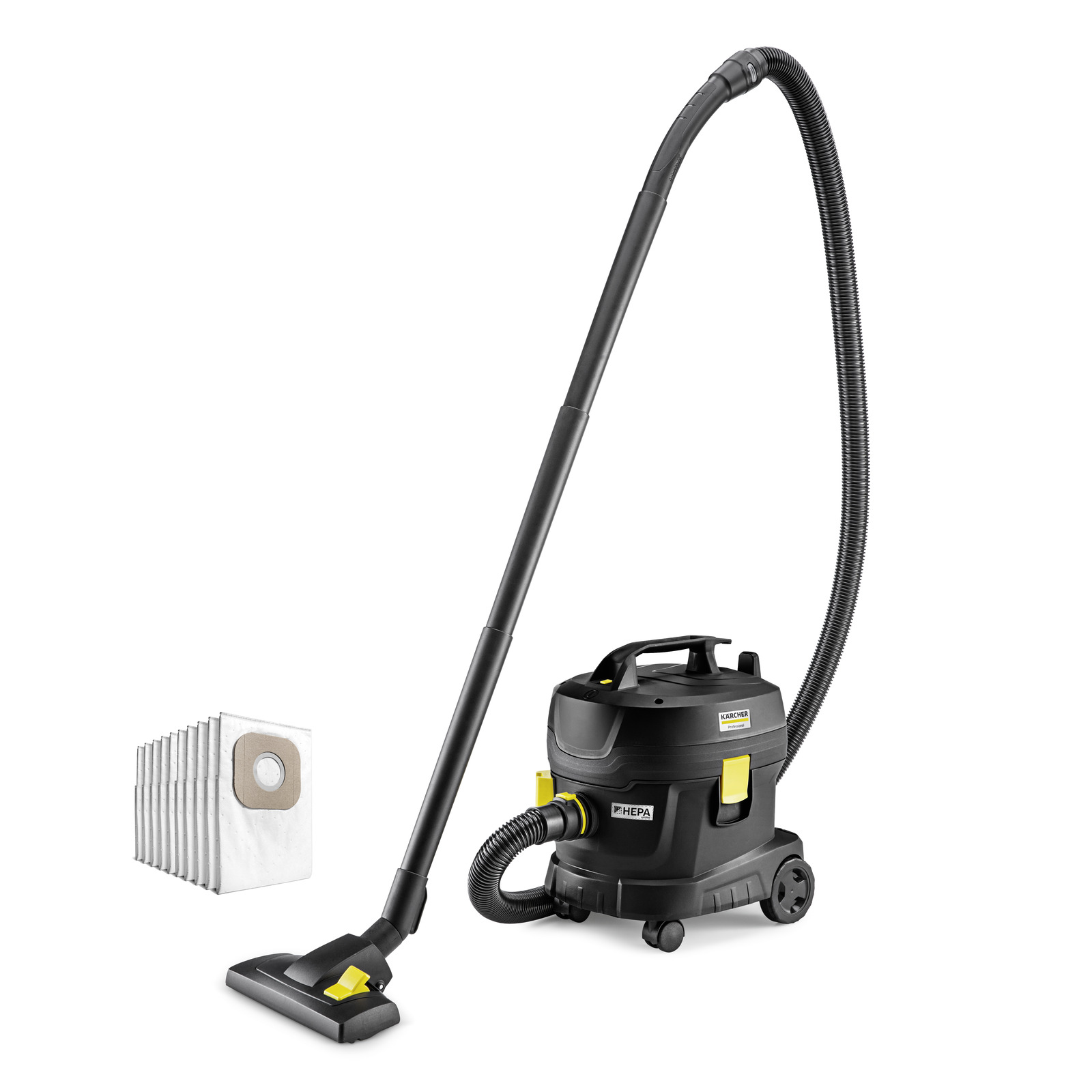 Kärcher vacuum cleaner with a long hose and floor nozzle, accompanied by a stack of vacuum bags.