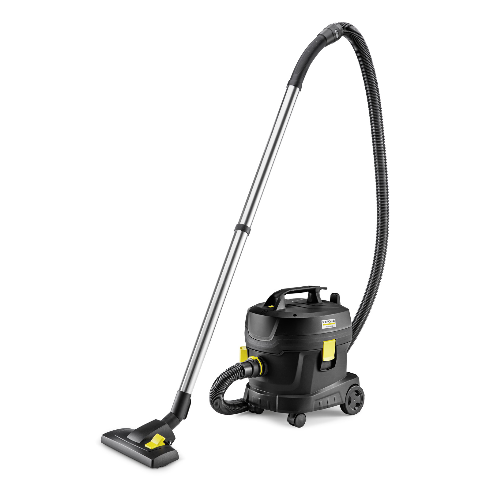 Kärcher vacuum cleaner with long hose and floor nozzle, black and yellow design, on white background.