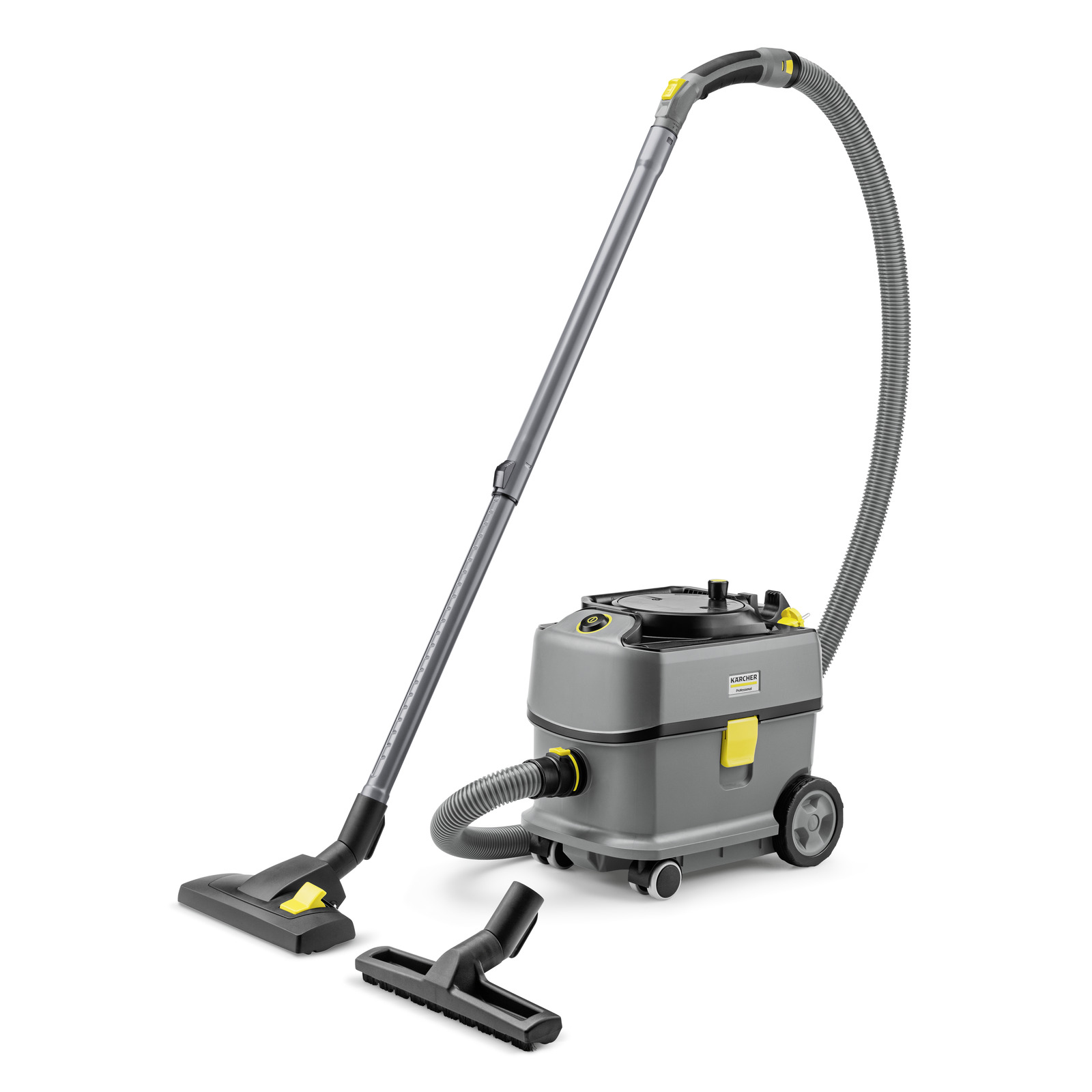 Kärcher wet and dry vacuum cleaner with a long hose and two interchangeable floor nozzles on a white background.