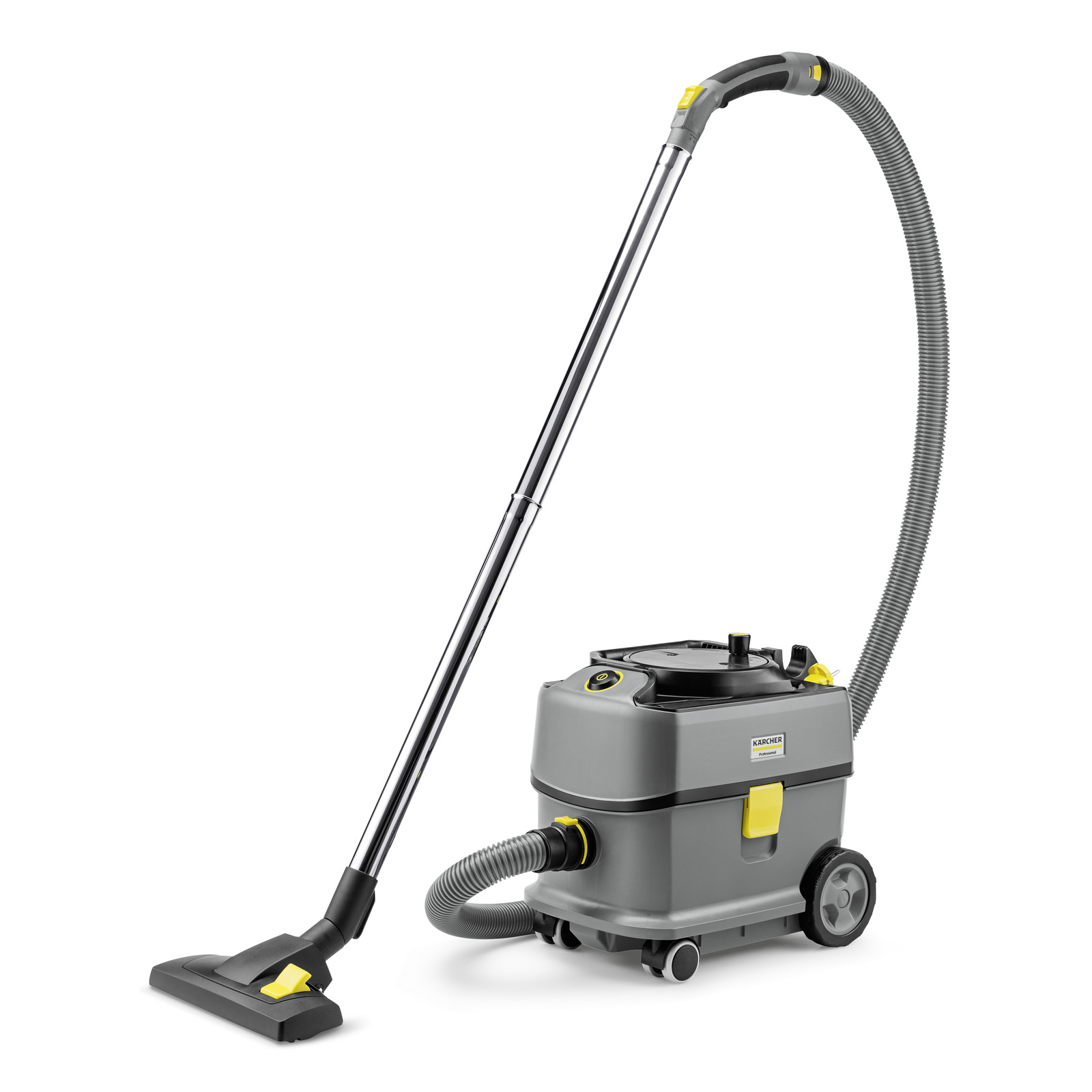 Kärcher wet and dry vacuum cleaner with a grey body, black hose, and yellow accents on a white background.