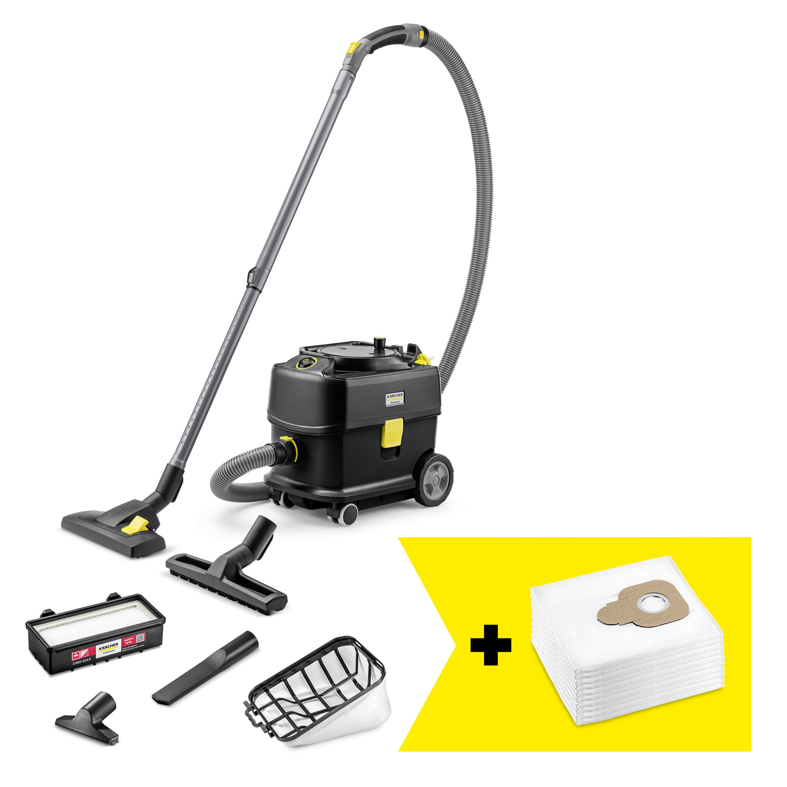 Aspirator Kärcher cu accesorii multiple și saci de rezervă pe fundal alb și galben.