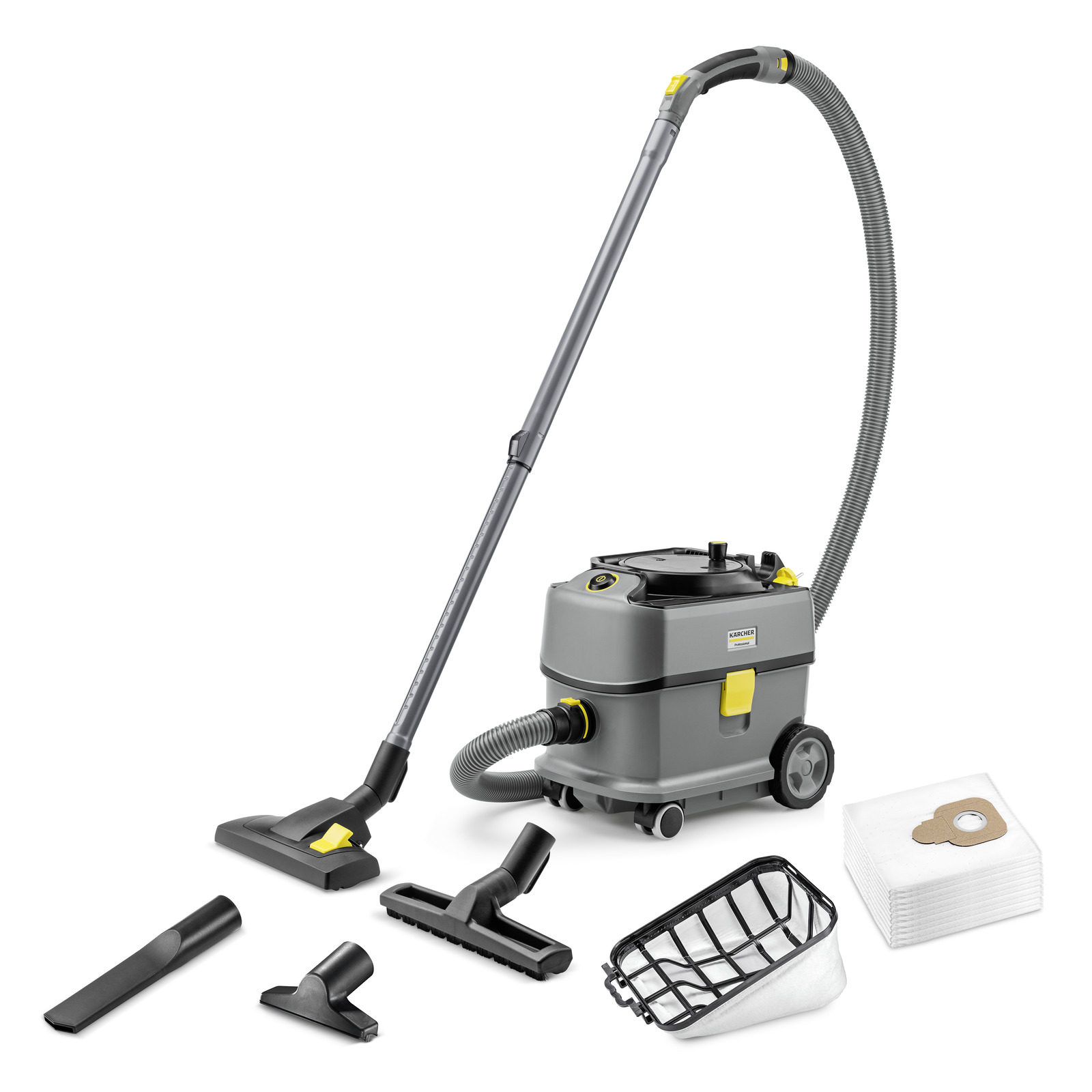 Aspirator Kärcher cu accesorii diverse, inclusiv duze și filtre, pe un fundal alb.