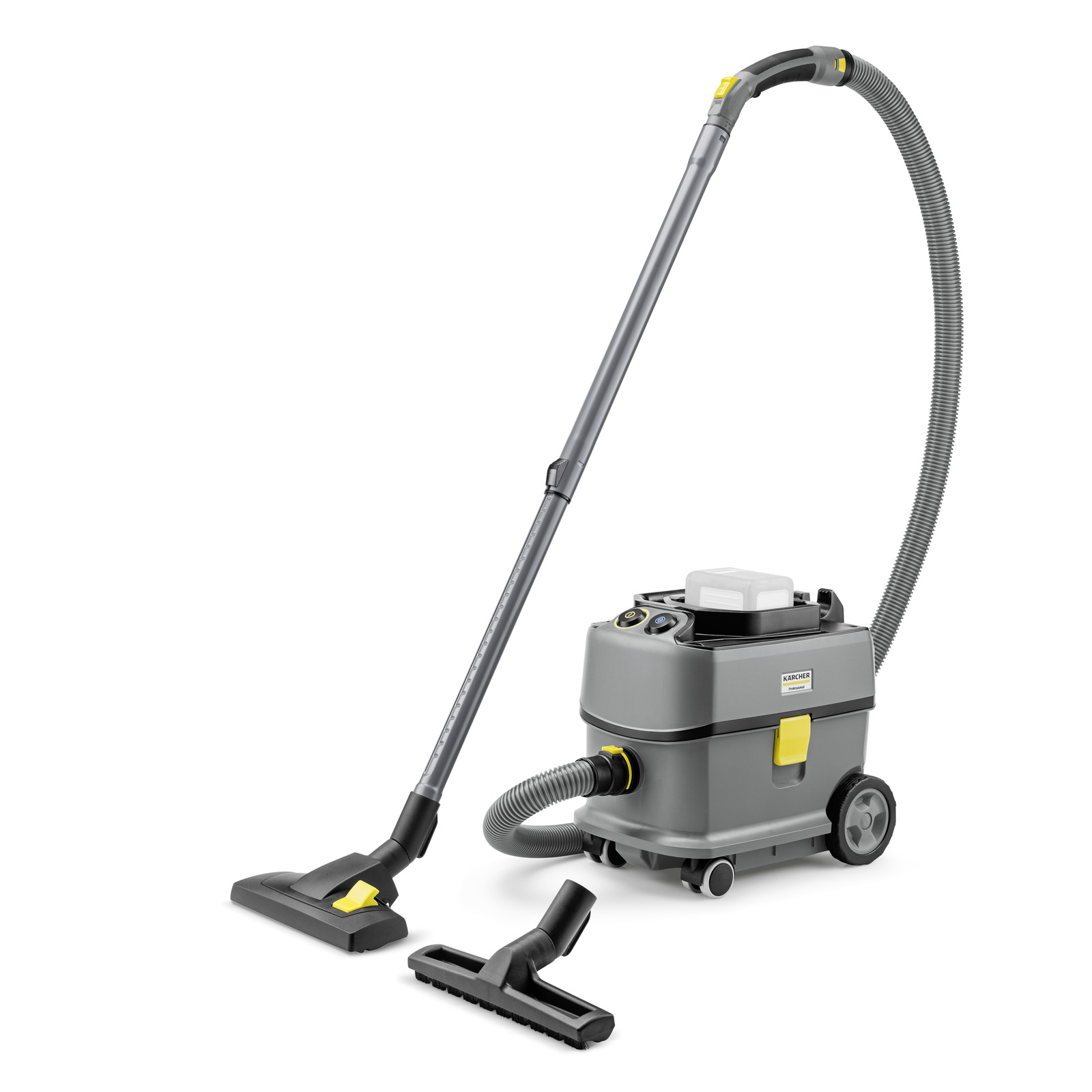 Kärcher vacuum cleaner with long hose and two attachments on a white background.