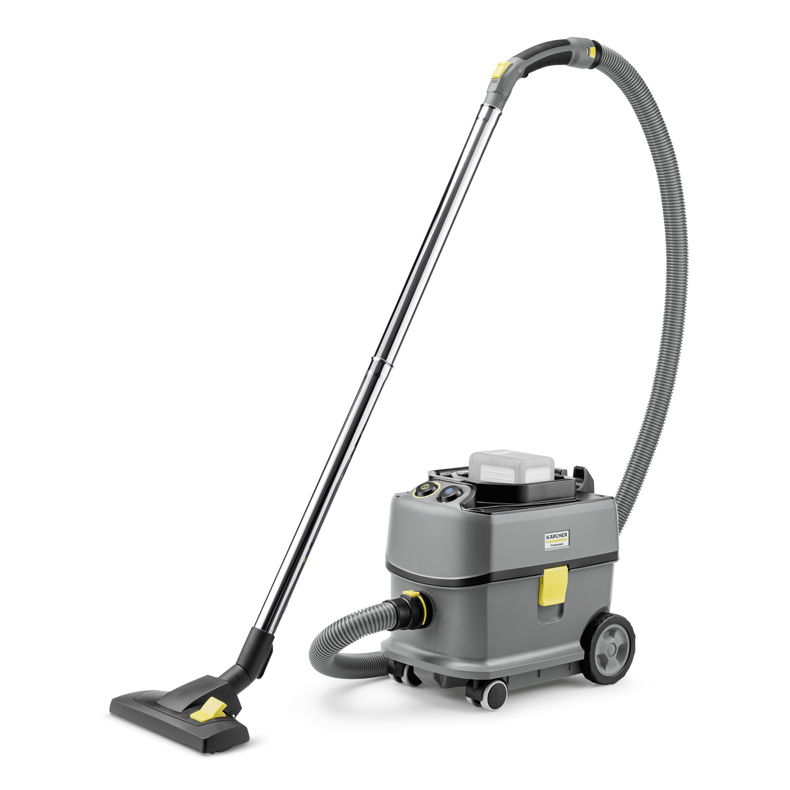 Aspirator Kärcher gri cu furtun flexibil și roți, plasat pe un fundal alb.