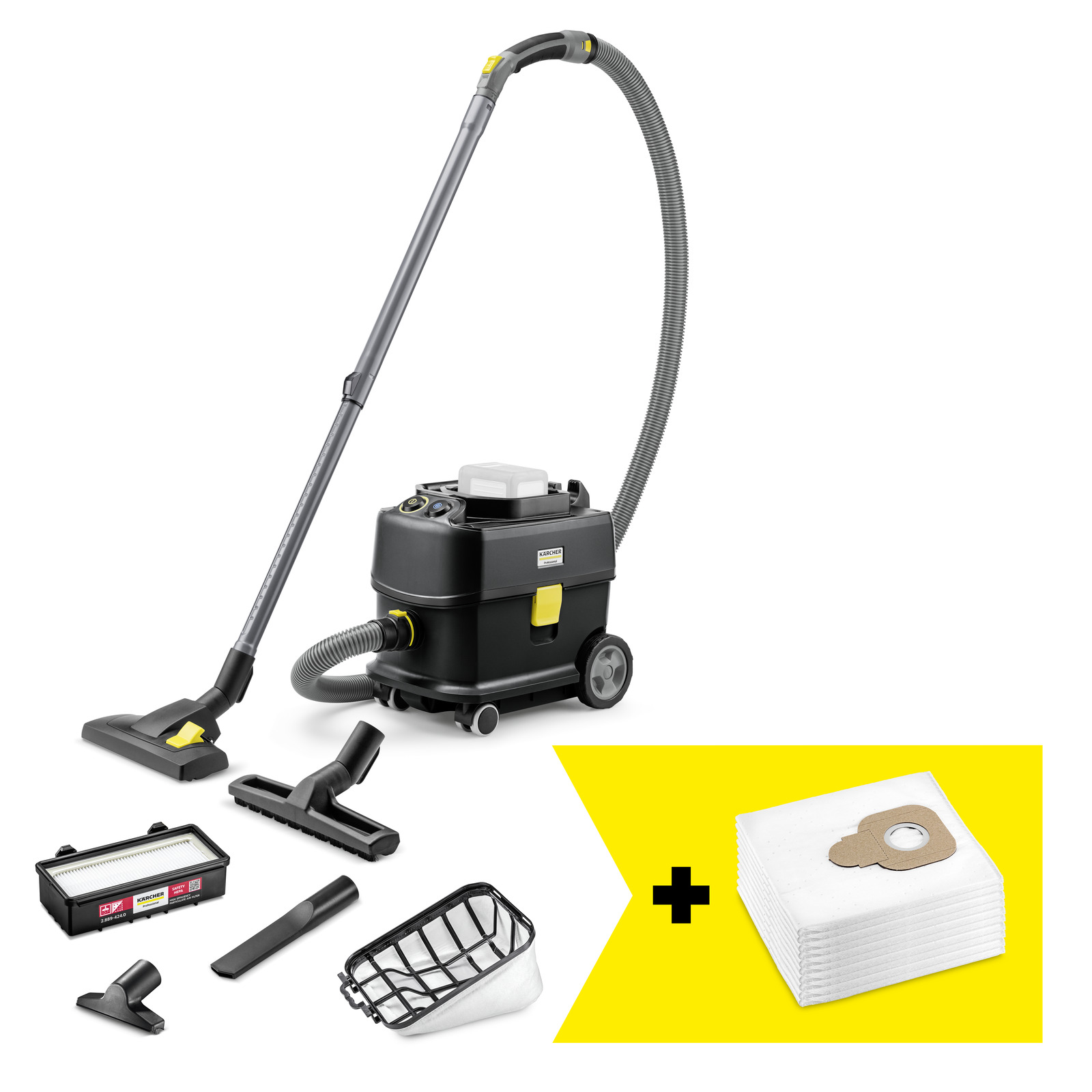 Aspirator industrial Kärcher cu furtun, duză, accesorii și un pachet de saci de aspirator, pe fundal alb. Aspirator industrial Kärcher cu furtun, duză, accesorii și un pachet de saci de aspirator, pe fundal alb.