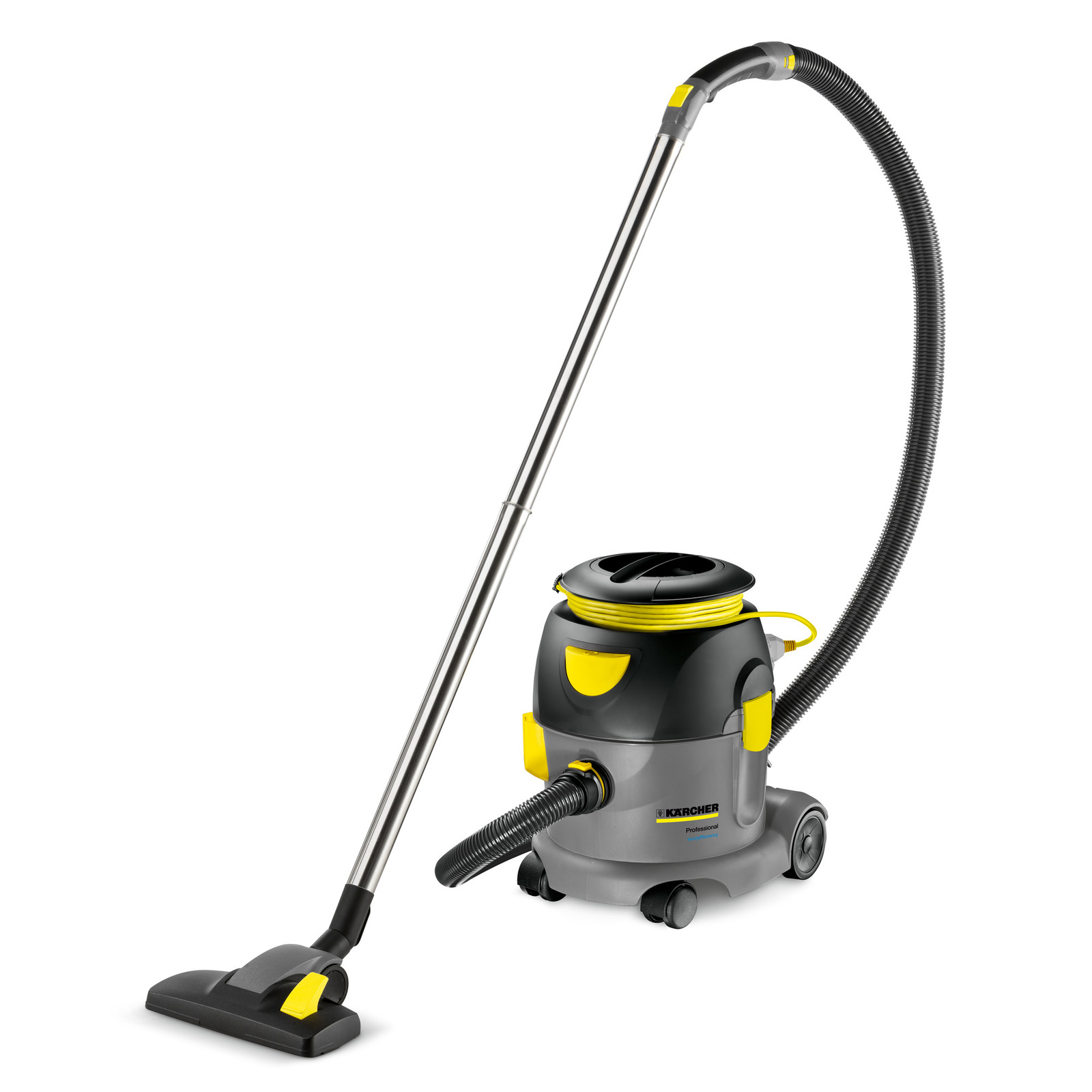 Aspirator Kärcher cu tub metalic și furtun flexibil, design negru și galben, pe roți.