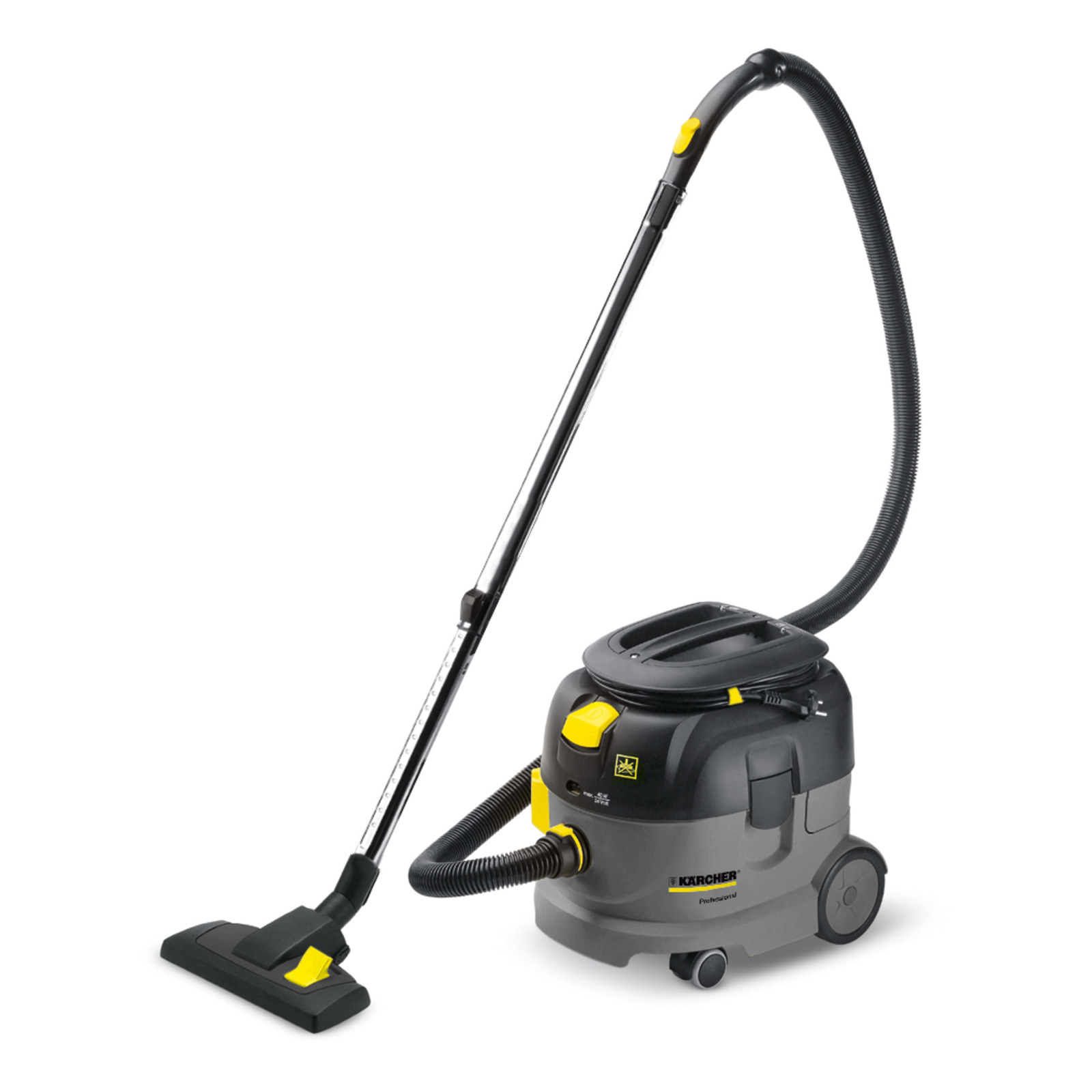 Kärcher vacuum cleaner with a long hose and floor nozzle, featuring a grey and black design with yellow accents. Kärcher vacuum cleaner with a long hose and floor nozzle, featuring a grey and black design with yellow accents.